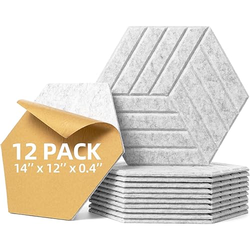 12 Pack Hexagon Acoustic Panels Self Adhesive - 14" X 12" X 0.4" Acoustic Wall Panels Sound Absorbing High Density Soundproof Foam Acoustic Treatment Tiles for Home Studio Office （Sliver Gray）