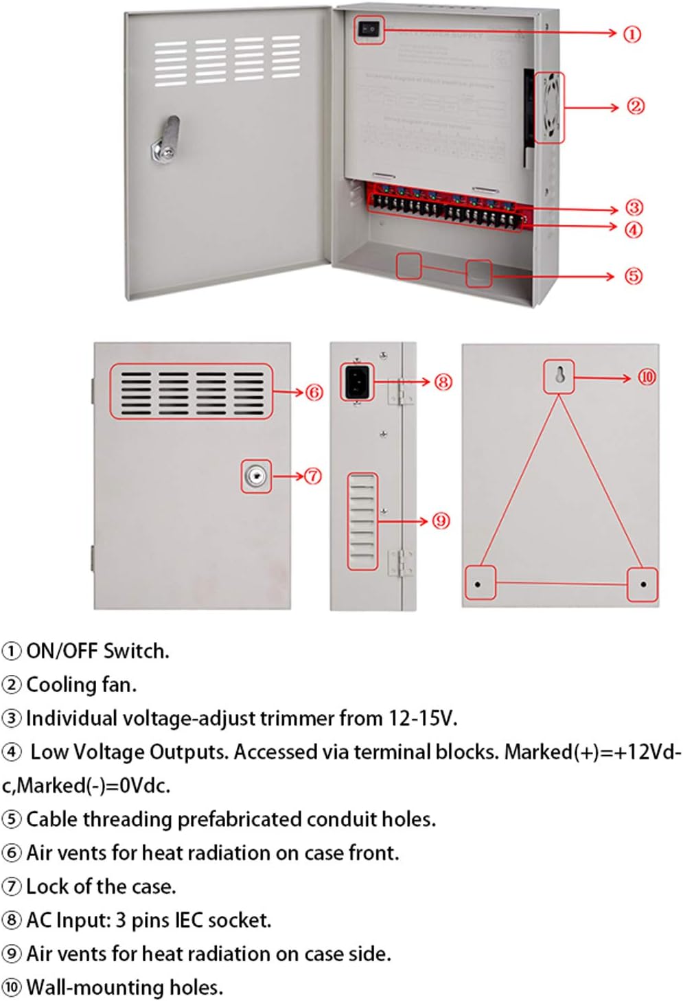 4K CCTV Power Supply 8 Channel Adjustable DC11V ~DC15V 16 Amp Output Reset Fuse with Anti-Ripple and Anti-EMI Interference Circurt Designed for 4K IP/CCTV Security Cameras System