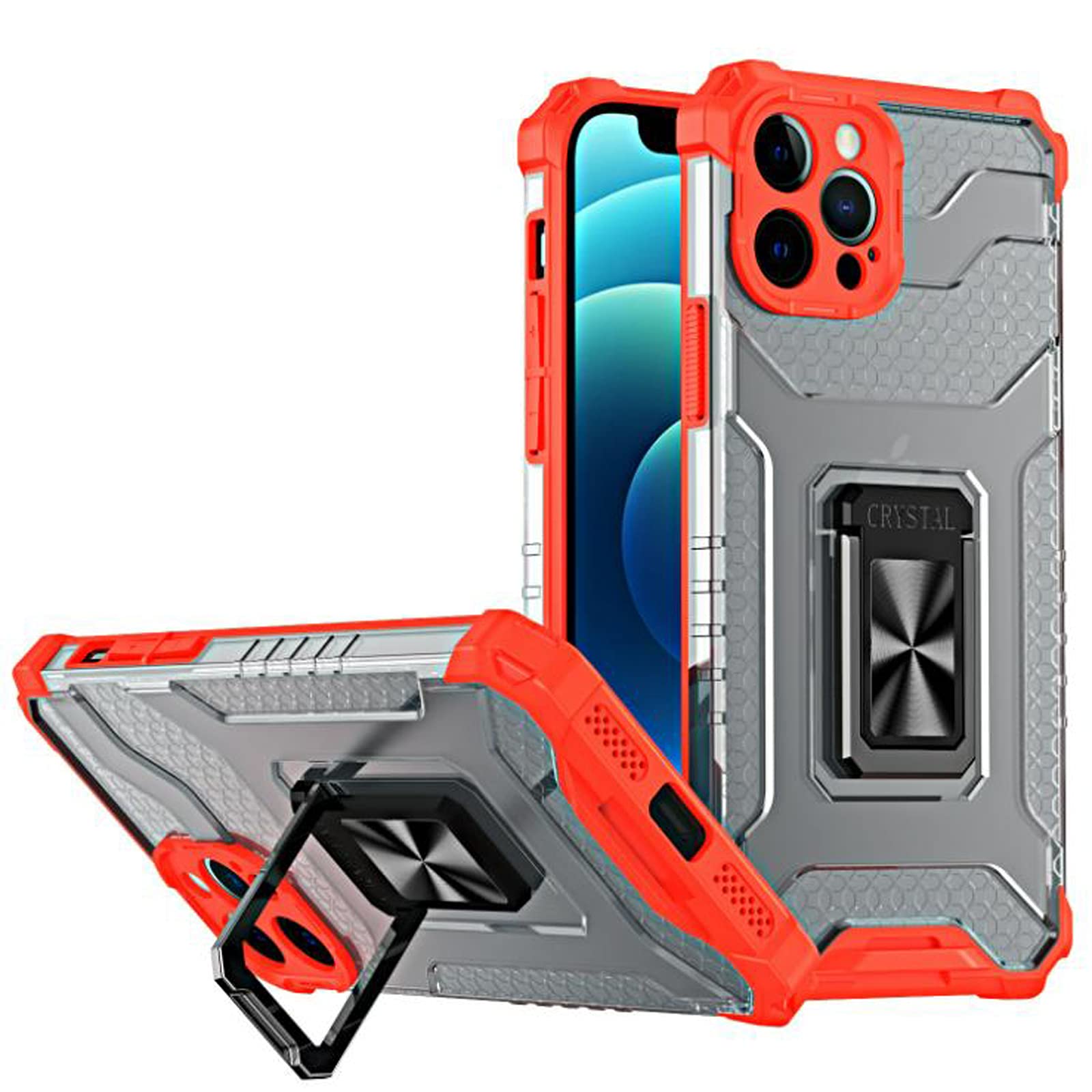 Case for iPhone 13 Mobile Phone Case-Cool Mech-Car Magnetic Absorption-Shock Absorption and Drop-Ring Bracket-Honeycomb Heat Dissipation-Lens Protection-Compatible with iPhone 13 Case (Red)