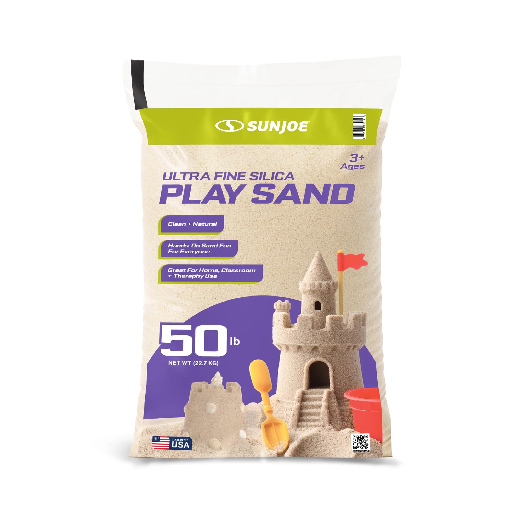 Sun Joe Silica Play Sand for Sandbox, Sensory Table & Garden Spaces, Ultra Fine, 50 Lb Bag - Indoor and Outdoor Natural Craft Accessory for Molding,