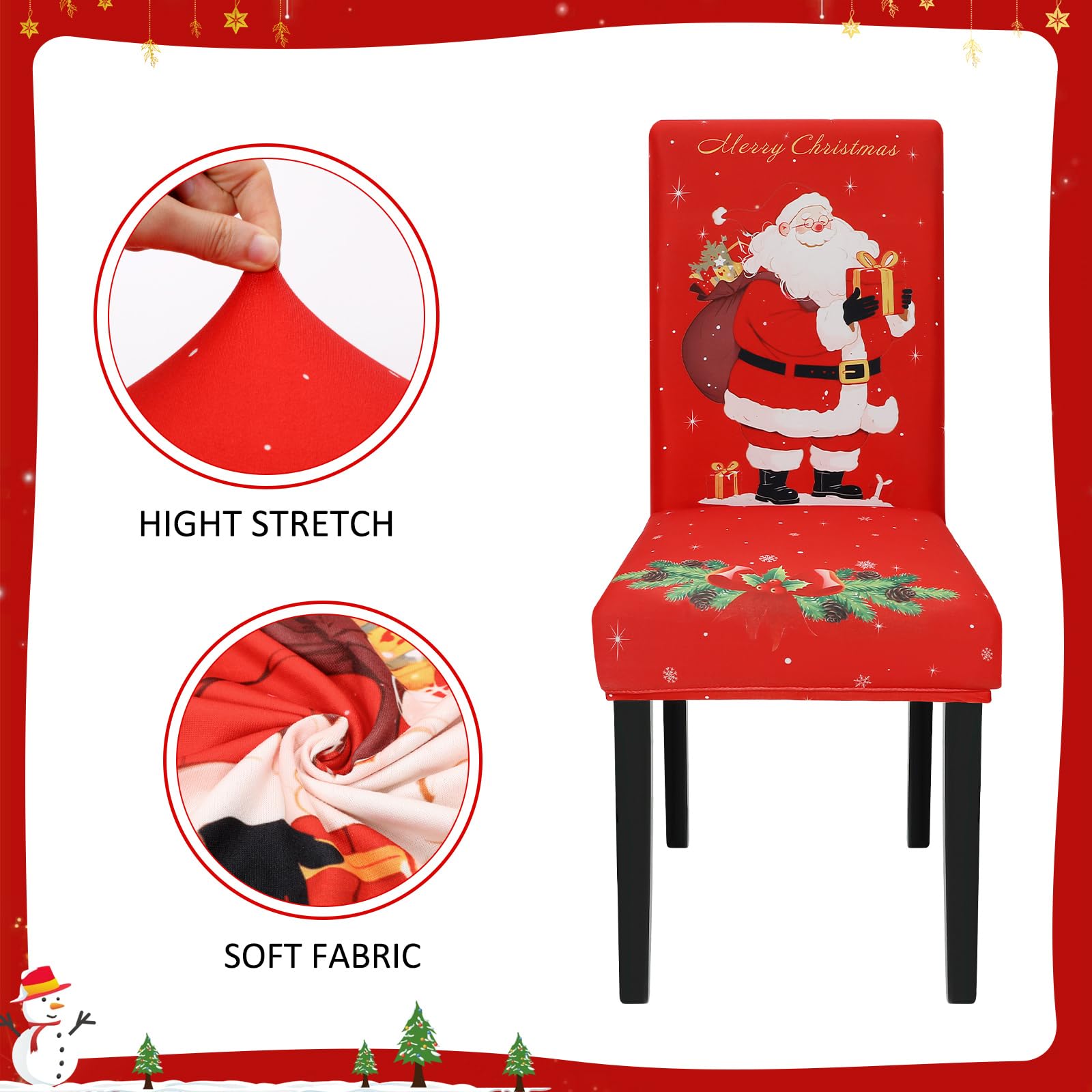 ROLOSI 4PCS Christmas Santa Claus Chair Covers Stretch Washable Back Chair Cover Merry Xmas Removable Slipcover Seat Chair Protector for Dining Room Kitchen Holiday Home Decor
