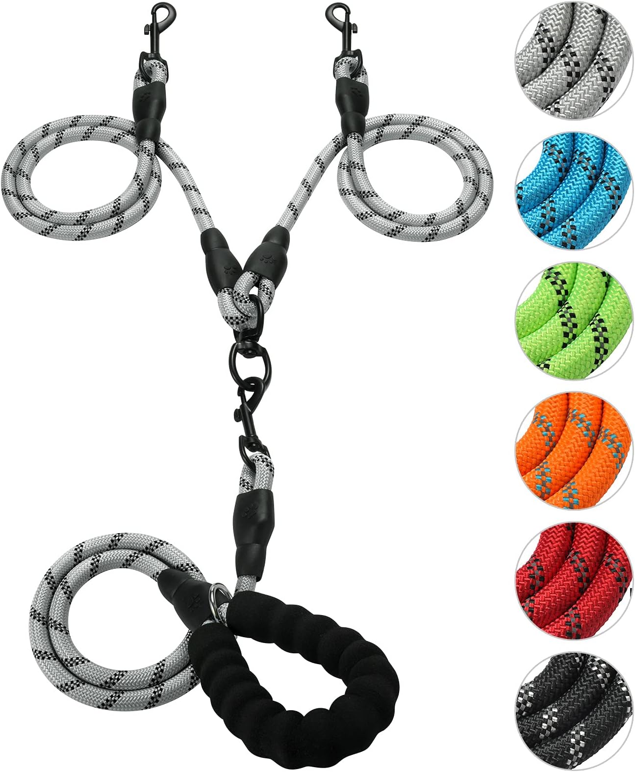 Double Dog Leash Reflective Detachable Coupler and Tangle Free, Support Multiple Rope Leash Control with Padded Handle for Large and Medium Dogs Walking (Silver)