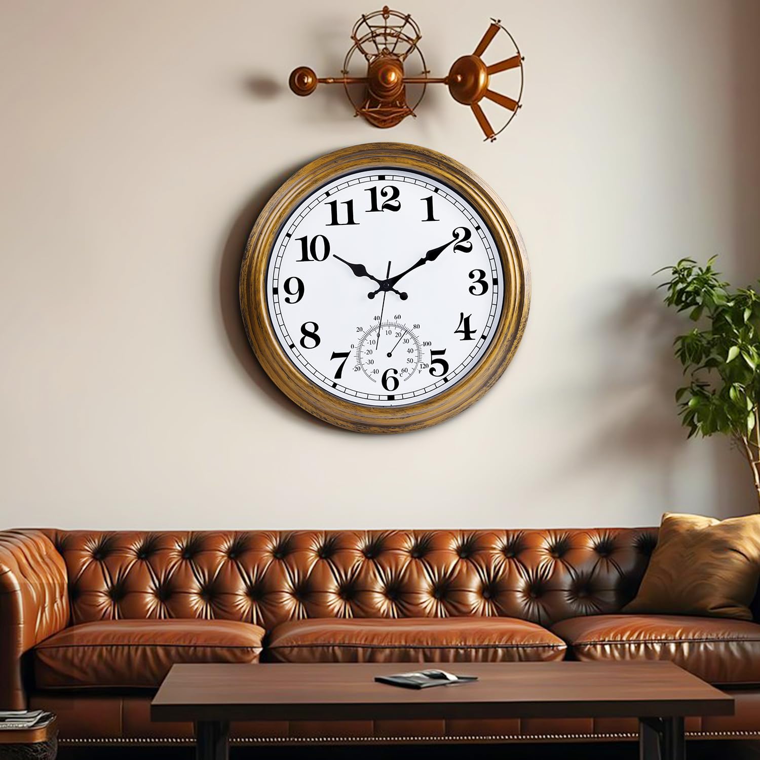 40 cm duży zegar zewnętrzny retro wodoodporny zegar nietykający wewnątrz/na zewnątrz zegar ścienny z termometrem, zasilany bateryjnie, do basenu, patio, ogrodu, brązowy