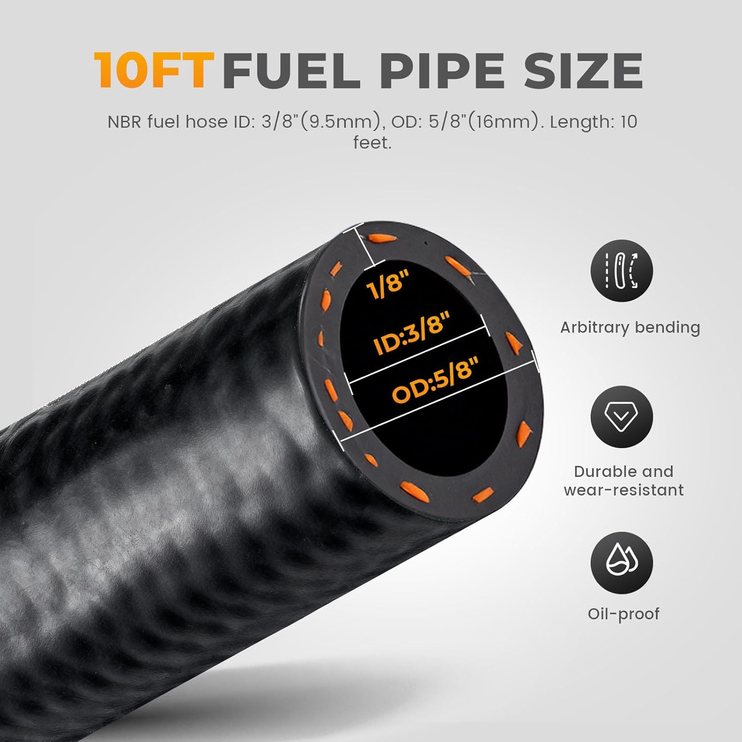 3/8 Fuel Hose Line 10FT Kit NBR Rubber SAE 30R7 150PSI, 4Pcs 6AN Push Lock Hose Kit with 4Pcs 304 Stainless Steel Hose Clamps