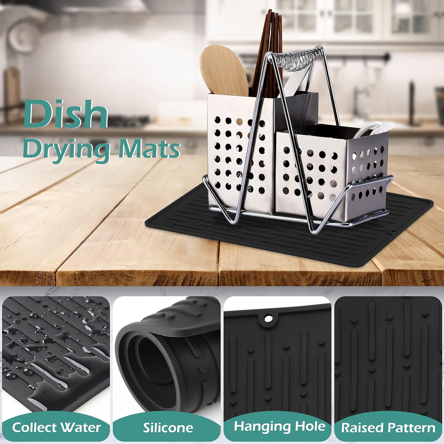 GeeRic Dish Drying Mats, Heat-resistant Silicone Mat for Kitchen Counter, Non-Slip Dish Dry Mat Dishwasher Safe Small, Black