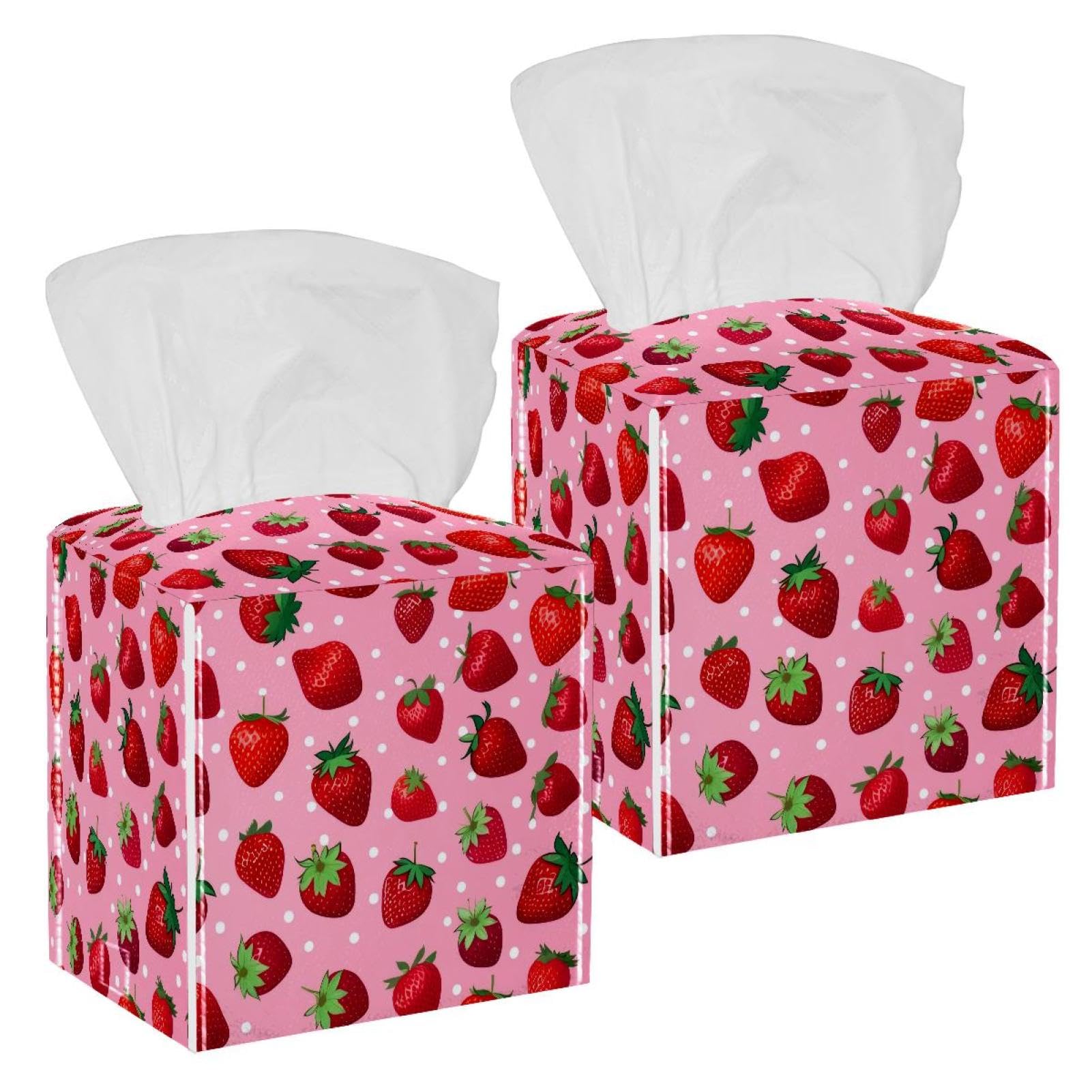 Strawberries Tissue Box Cover, 2 Pack PU Leather Square Facial Tissue Dispenser Box holder for Home Office Car