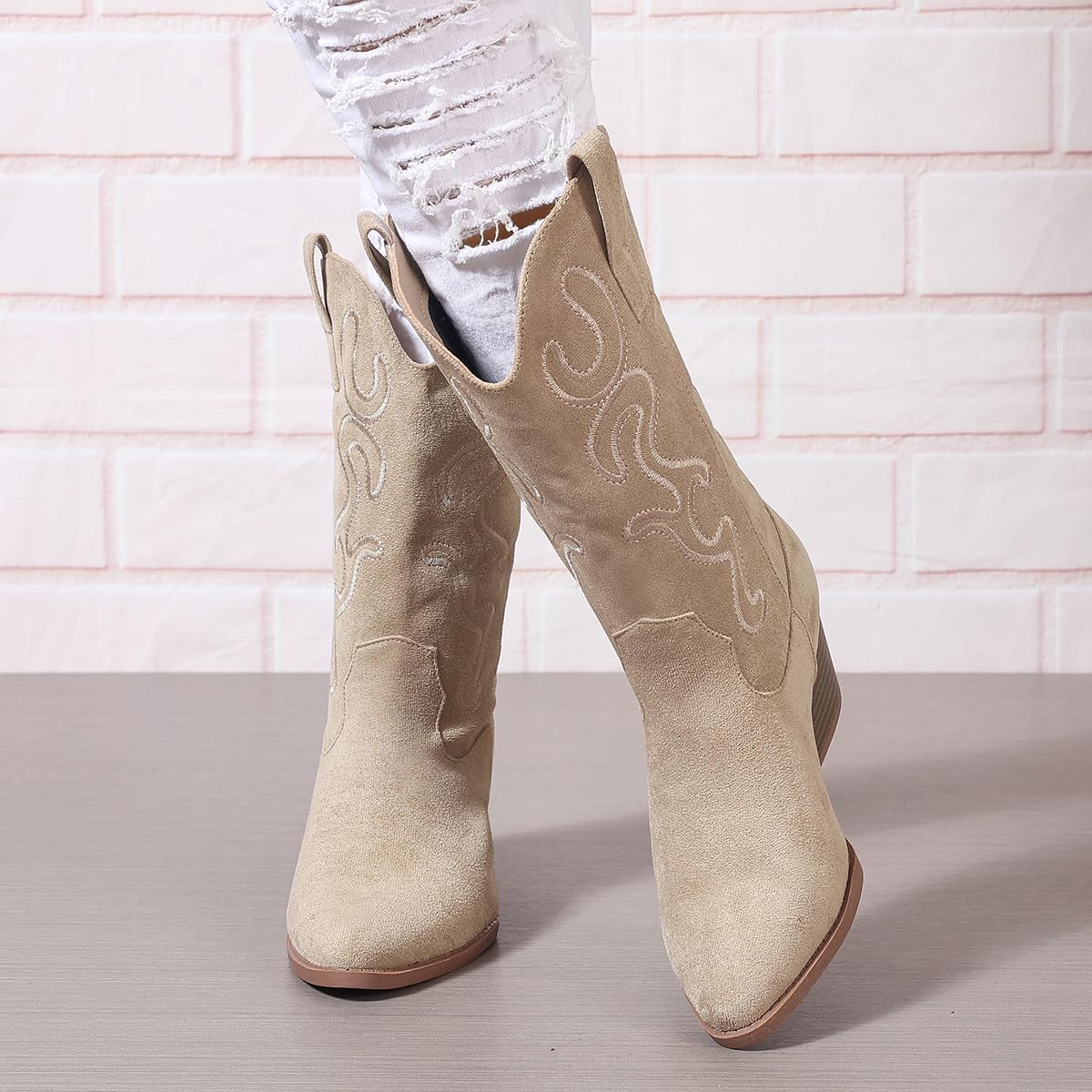 Cowboy Boots for Women Cowgirl Mid Calf Western Style Embroidery Stitched Low Chunky Heel Ladies Fashion Boots, US Size 5-11 - Image 2