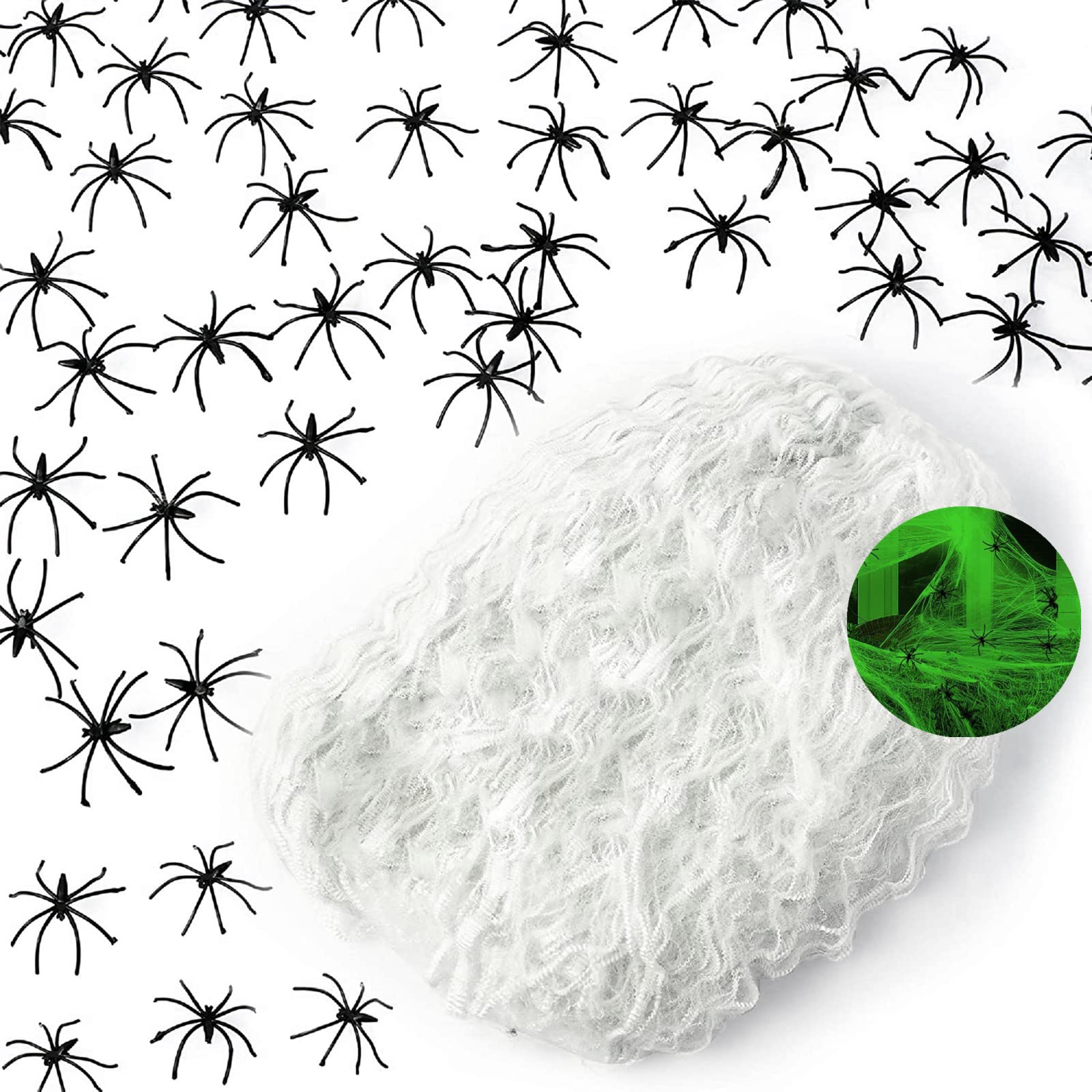 Halloween Spider Web Decoration Indoor Outdoor,60g Luminous Halloween Stretchable Cobwebs Decorations&30p Plastic Spiders,Halloween Stretchable Spiderweb Decor for Haunted House,Halloween Party Decor
