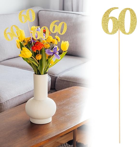 10 Pack Double Sided Glitter 60th Birthday Centerpiece Happy 60th Birthday Centerpiece Sticks Number 60 Table Topper Cake Topper Supplies for Tables Party (Gold)