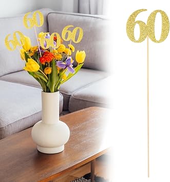 10 Pack Double Sided Glitter 60th Birthday Centerpiece Happy 60th Birthday Centerpiece Sticks Number 60 Table Topper Cake Topper Supplies for Tables Party (Gold)