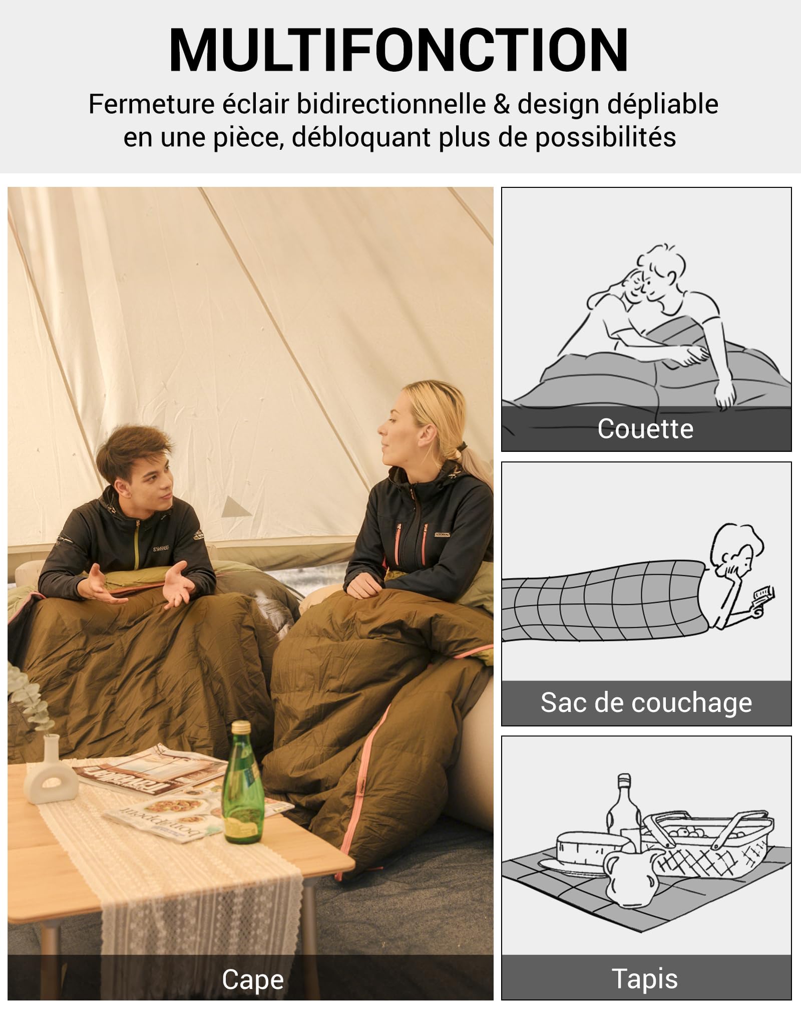 KingCamp Sac de Couchage 3-4 Saisons en Duvet et Coton, Sac De Couchage Sarcophage, Sac de Couchage Adulte Enfant Compact Hiver pour Camping Voyage Tentes Randonnée Extérieur Intérieur