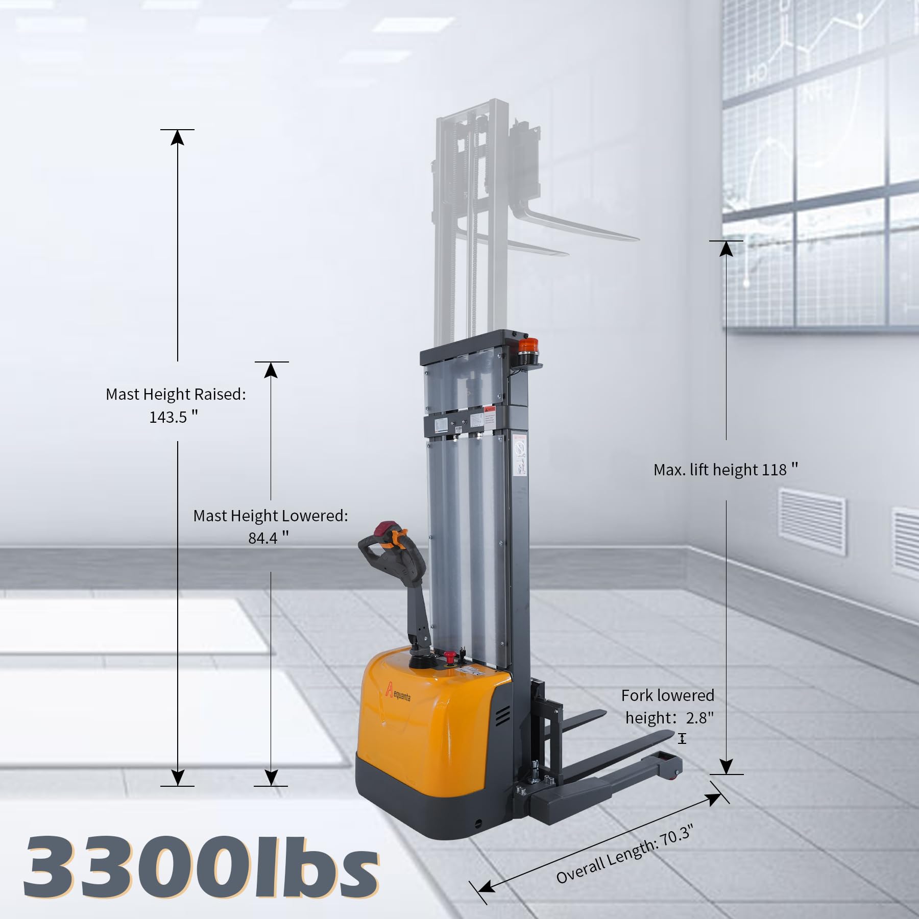 Aequanta Full Electric Pallet Stacker, Electric Drive and Lift Stacker, 3300 Lbs Capacity 118
