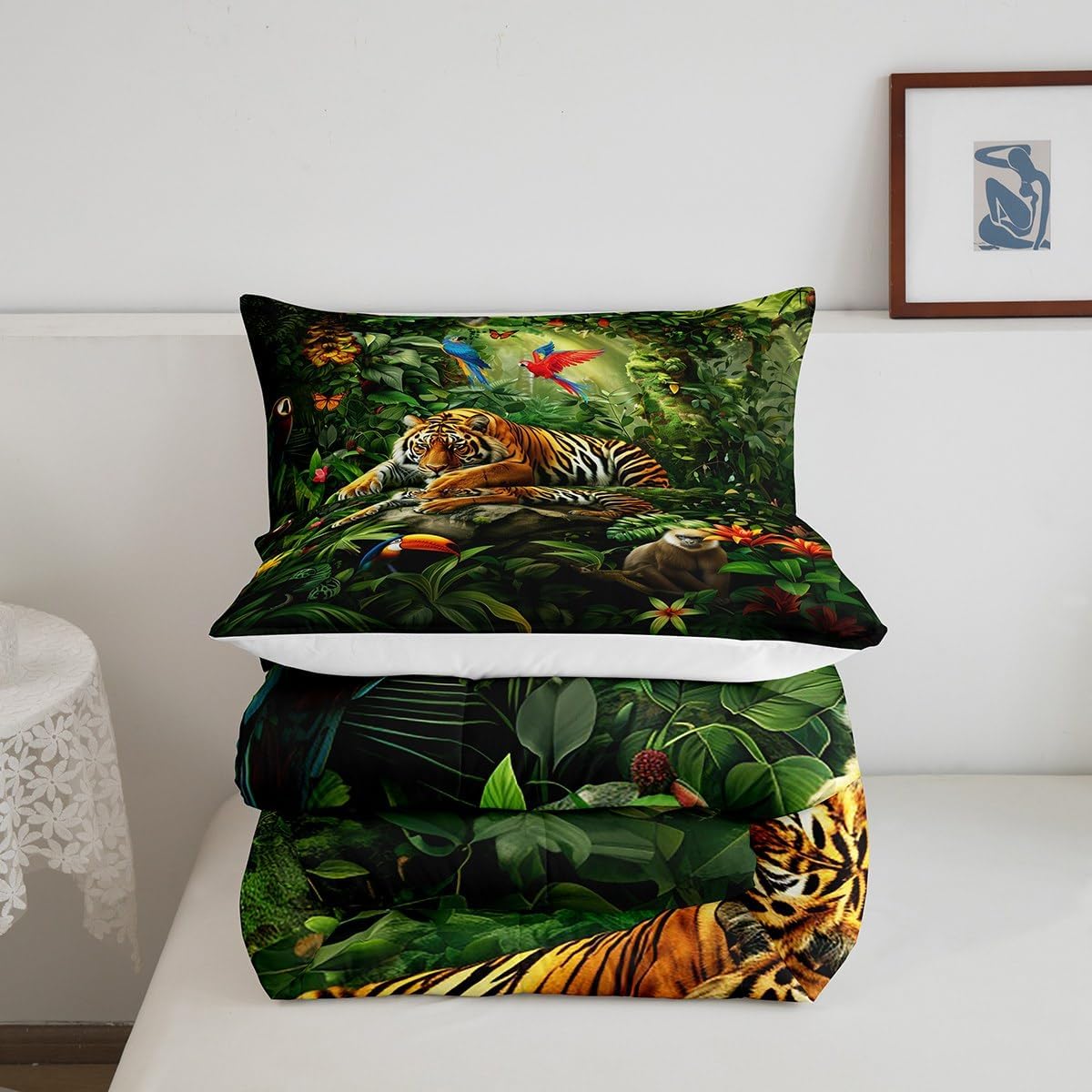 3D Tiger Comforter Set Queen Size,Monkey Parrot Wild Animals Bedding Set,Tropical Palm Tree Jungle Quilt Set for Kids Boys Girls Adult Bedroom Decor,Nature Wildlife Theme Duvet Insert,2 Pillowcases - Image 5