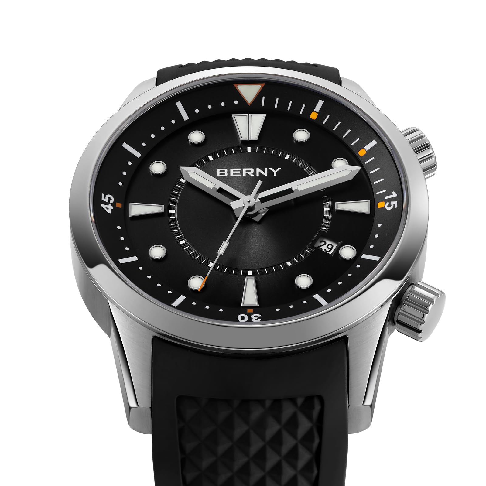 BERNY Relojes Mecánicos Automáticos Se Pulsera para Hombres Dive Relojes De Pulsera con Corona De Tornillo 20ATM Impermeable Hv600 Ddureza Correa De Silicona De Vidrio Zafiro Súper Luminosa