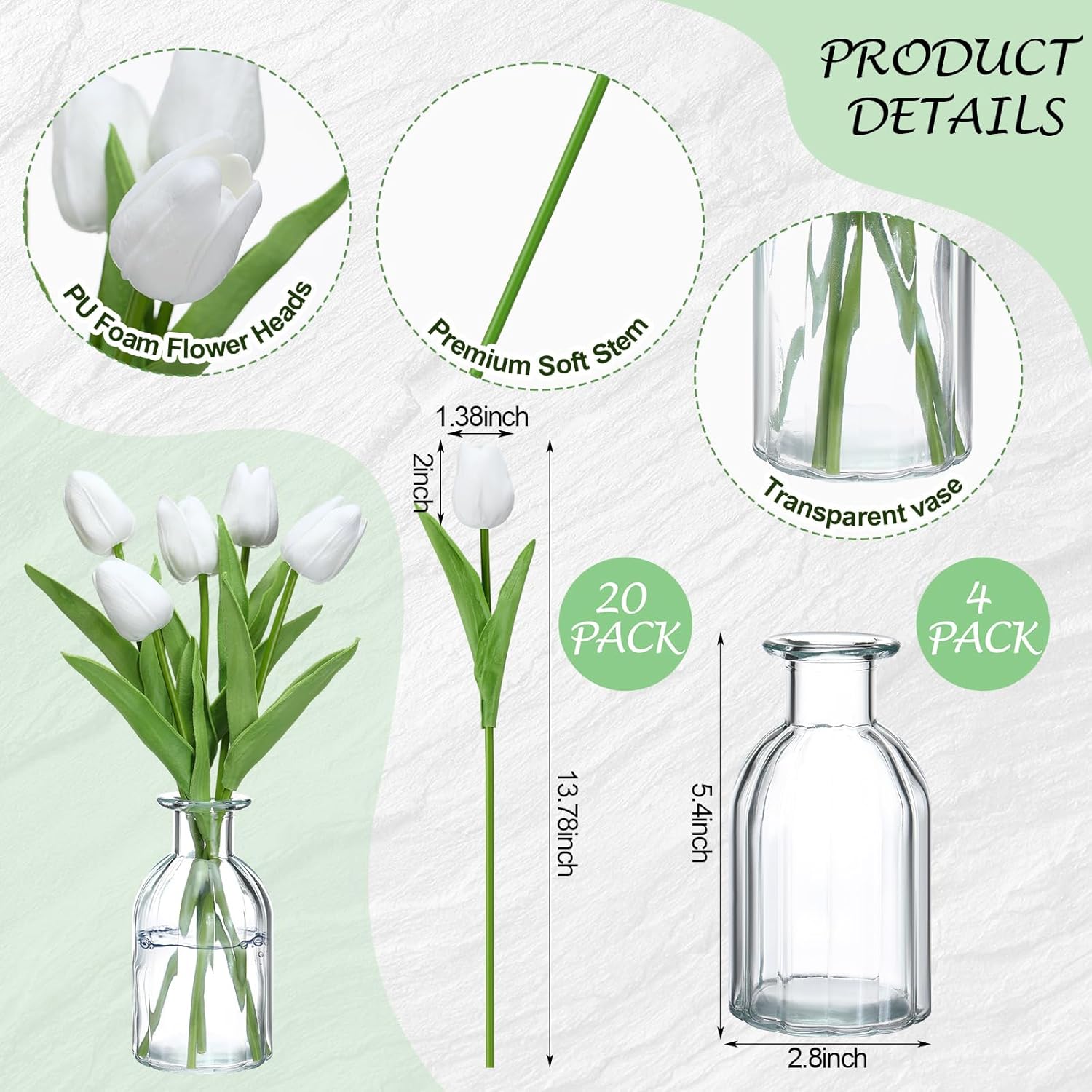 Giegxin 4 Sets Artificial Tulips with Clear Vase 20pcs 14 Inches White Faux Tulips 4 Glass Vase Real Touch Tulip Fake Flowers for Spring Home Kitchen Wedding Centerpiece Decoration