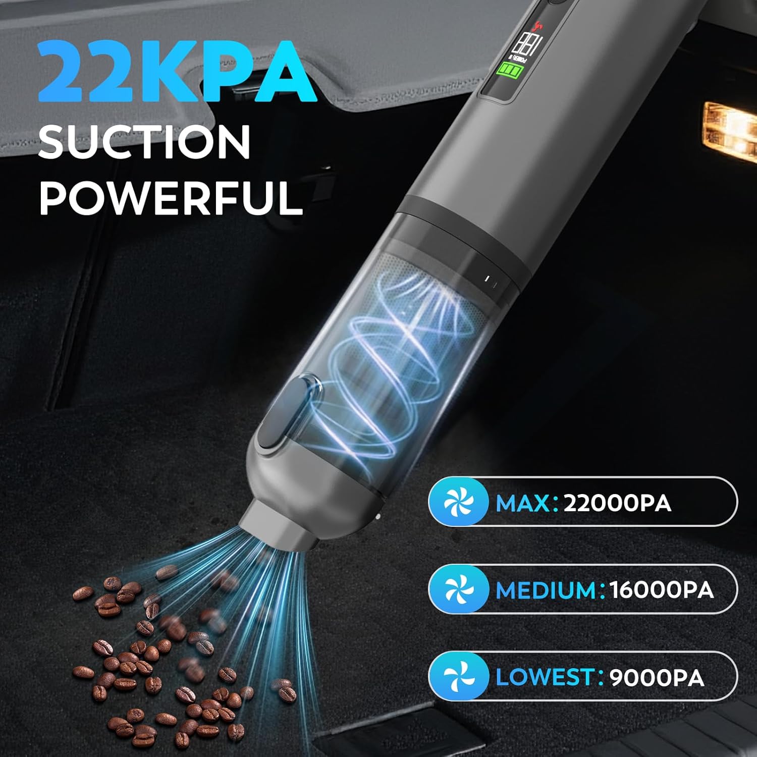 Cordless Car Vacuum Cleaner, 22000Pa High Power Handheld Vacuum & Air Duster 4-in-1, Mini Portable Vacuum with LED Display, 3 Modes, USB-C Rechargeable for Car, Home, Pet Hair, Camping - Image 2