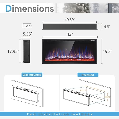 Miniatura 3 de GREEN PARTY Chimenea eléctrica de 60 pulgadas, empotradamontada en la pared, ultrafina, calentador de chimenea lineal de bajo ruido con control