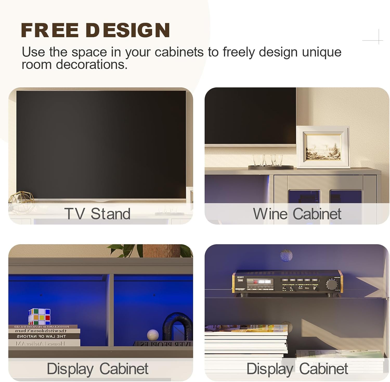 MEISSALIVVE 4-Piece Wall Unit TV Stand with Storage & LED Lights for TVs up to 70", Modern Entertainment Center with Bookshelves & 4-Door Pantry Cabinet, Gray 4-Piece & 4 Doors & LED Grey
