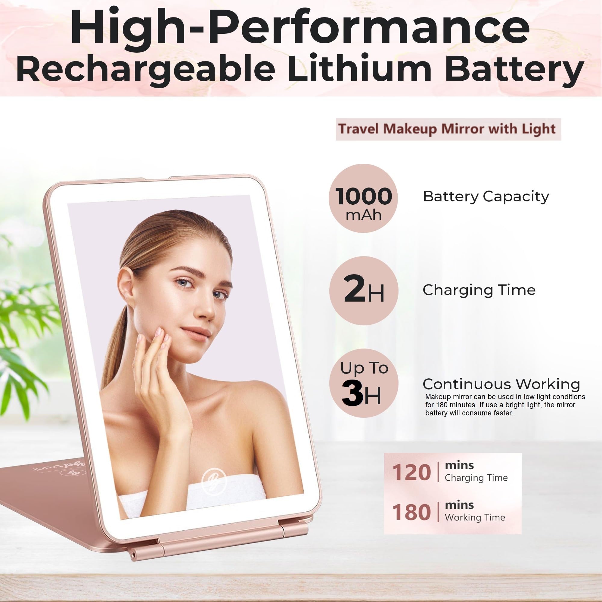 Reise-Make-up-Spiegel mit Lichtern – Rotgold, wiederaufladbarer LED-Leucht-Spiegel für Make-up mit 1X/3X/5X Vergrößerung – dimmbar, 3 Farben Beleuchtung, Touchscreen, tragbarer Spiegel mit