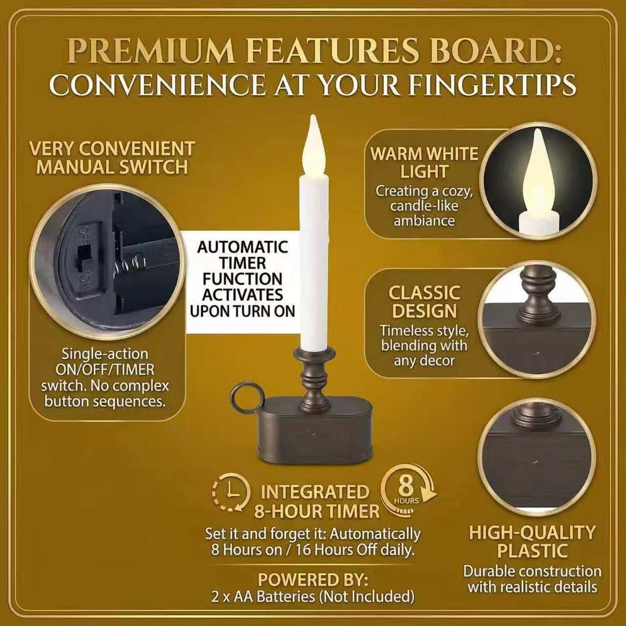Flameless Window Candles with Timer, Set of 4 Flickering LED Battery Operated Taper Candles with Antique Bronze Chamberstick Holder Bases for Christmas Holiday Home Decor image 3