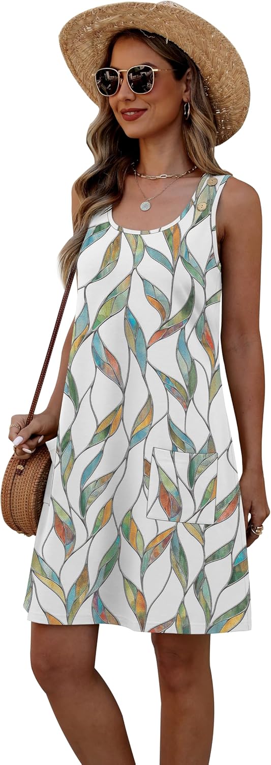WEESO Floral Dresses for Women Summer Dresses Mini Sundresses Tank Flowy Casual Dress with Pockets Cruise Outifts Leaf M - Image 4