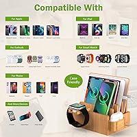 Vista 3 de Pezin & Hulin Estación de carga de bambú para múltiples dispositivos con cargador USB de 5 puertos, 5 cables, soporte para reloj y auriculares