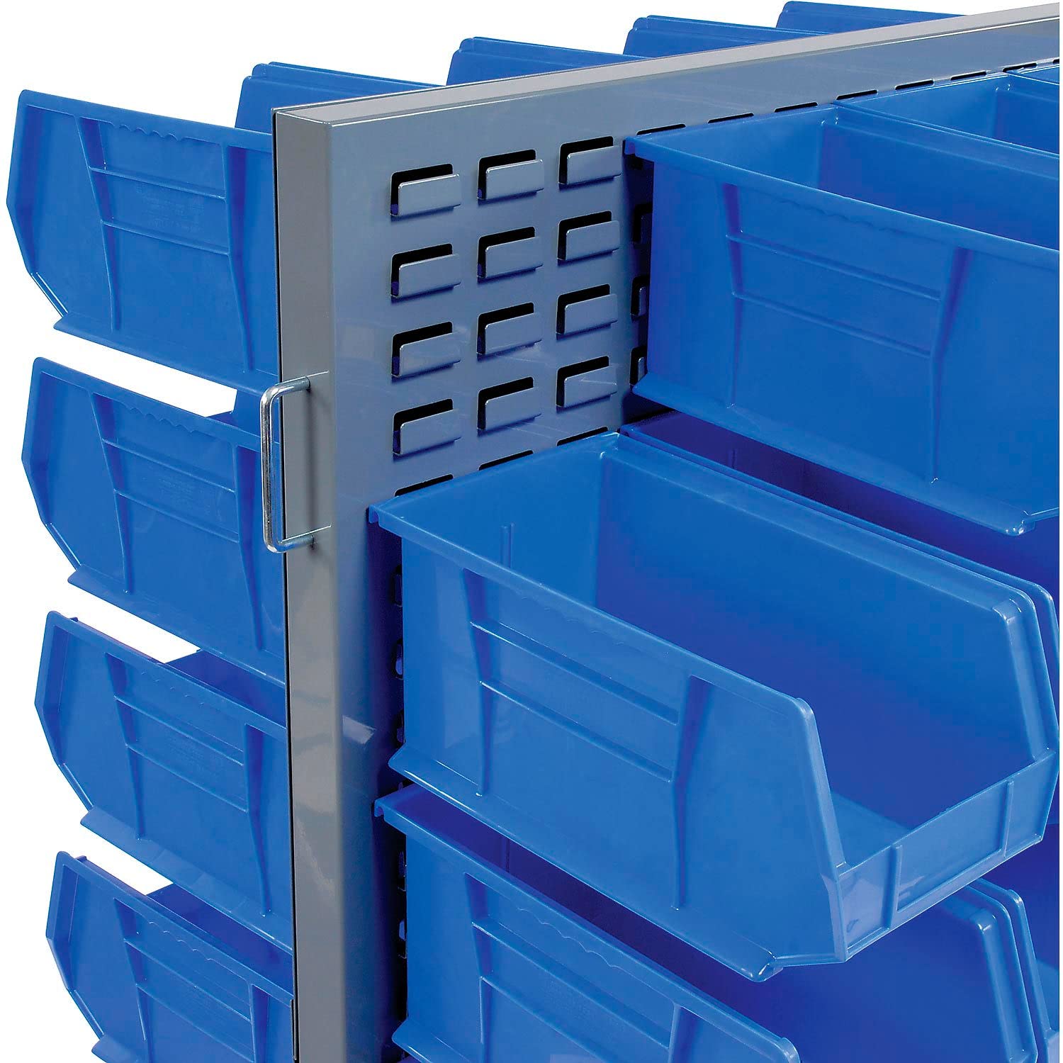 Global Industrial Double-Sided Mobile Rack with (48) Blue Bins, 36x25-1/2x55