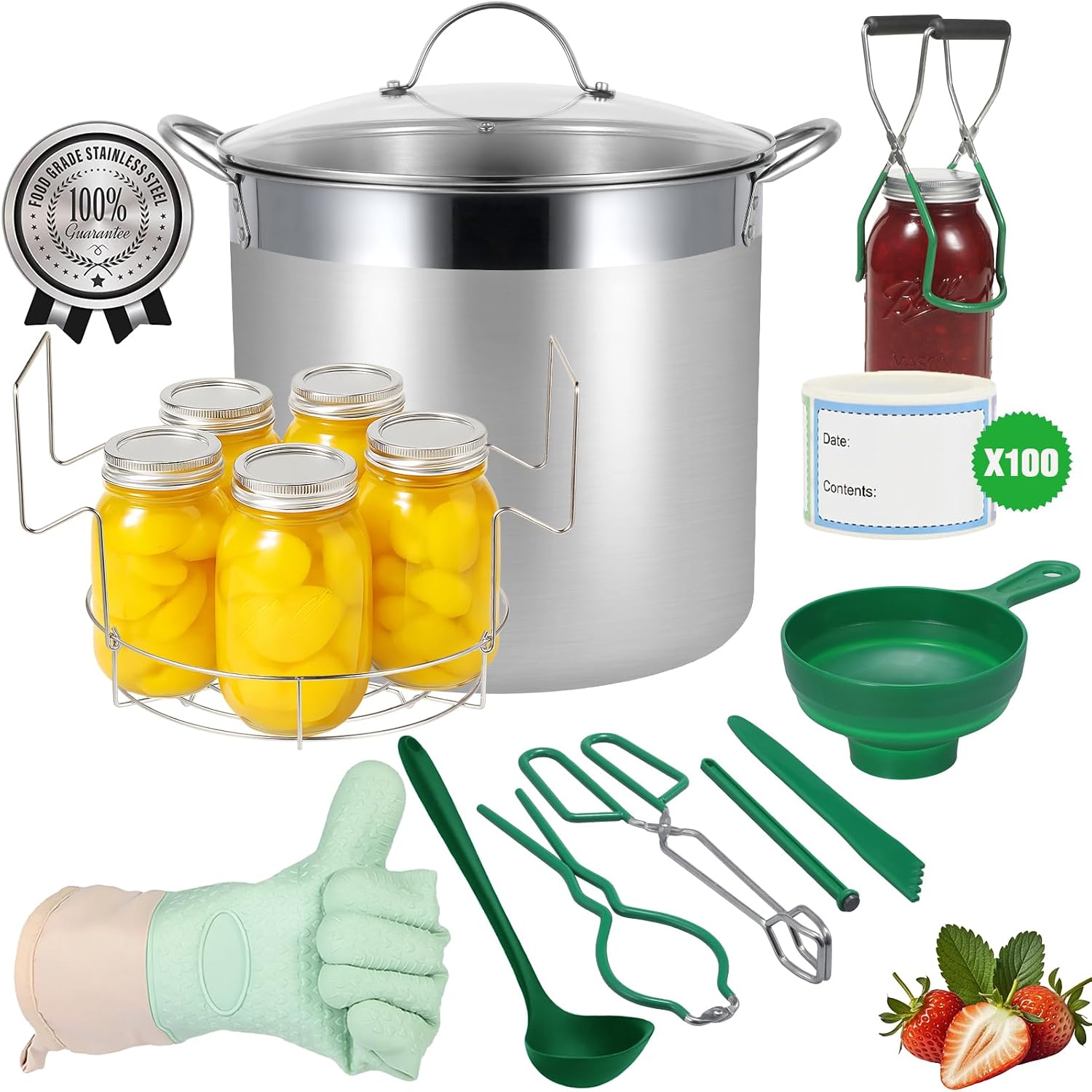 Stainless Steel Canning Pot with Rack and Lid, Large Water Bath Canner, Full Home Canning Supplies Starter Kit (19 Quarts, Green)