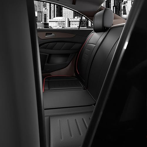 Miniatura 8 de ASLONG Juego completo de 5 fundas de asiento delantero y trasero de automóvil con alas de ángel, de piel de napa negro y rojo, accesorios interiores