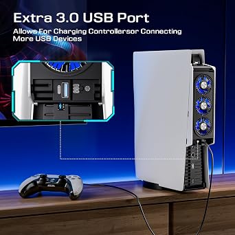مروحة تبريد Honghao لملحقات PS5، مع 3 مصابيح LED زرقاء/2 منفذ USB 3.0/2 سرعة مروحة،متوافقة مع الإصدار الرقمي/القرص المضغوط لوحدة تحكم PlayStation 5، محطة تبريد PS5 عالية الكفاءة (أسود)