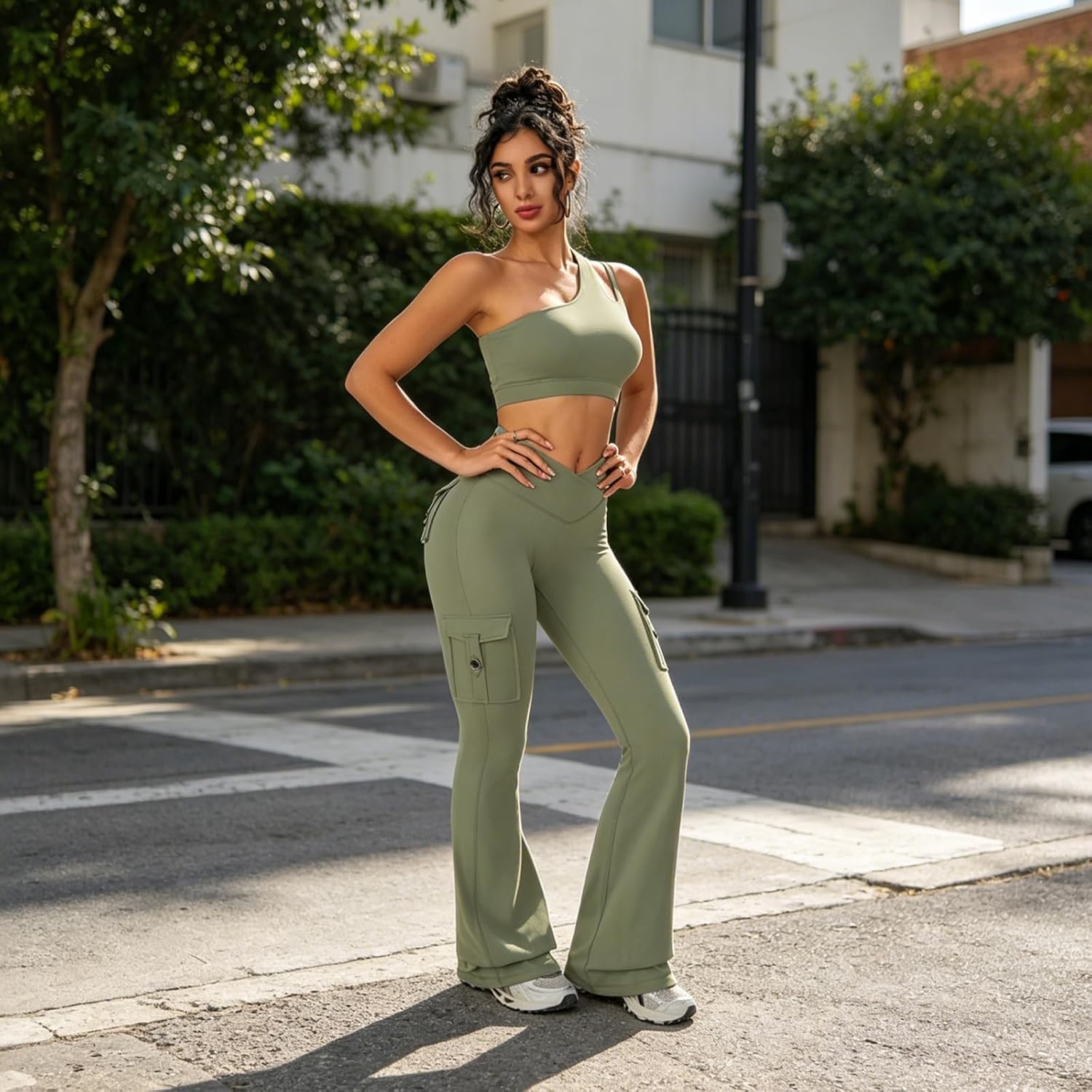 Women Workout Flare Leggings with Pockets Yoga Pants Women High Waisted Cargo Gym No Front Seam Leggings