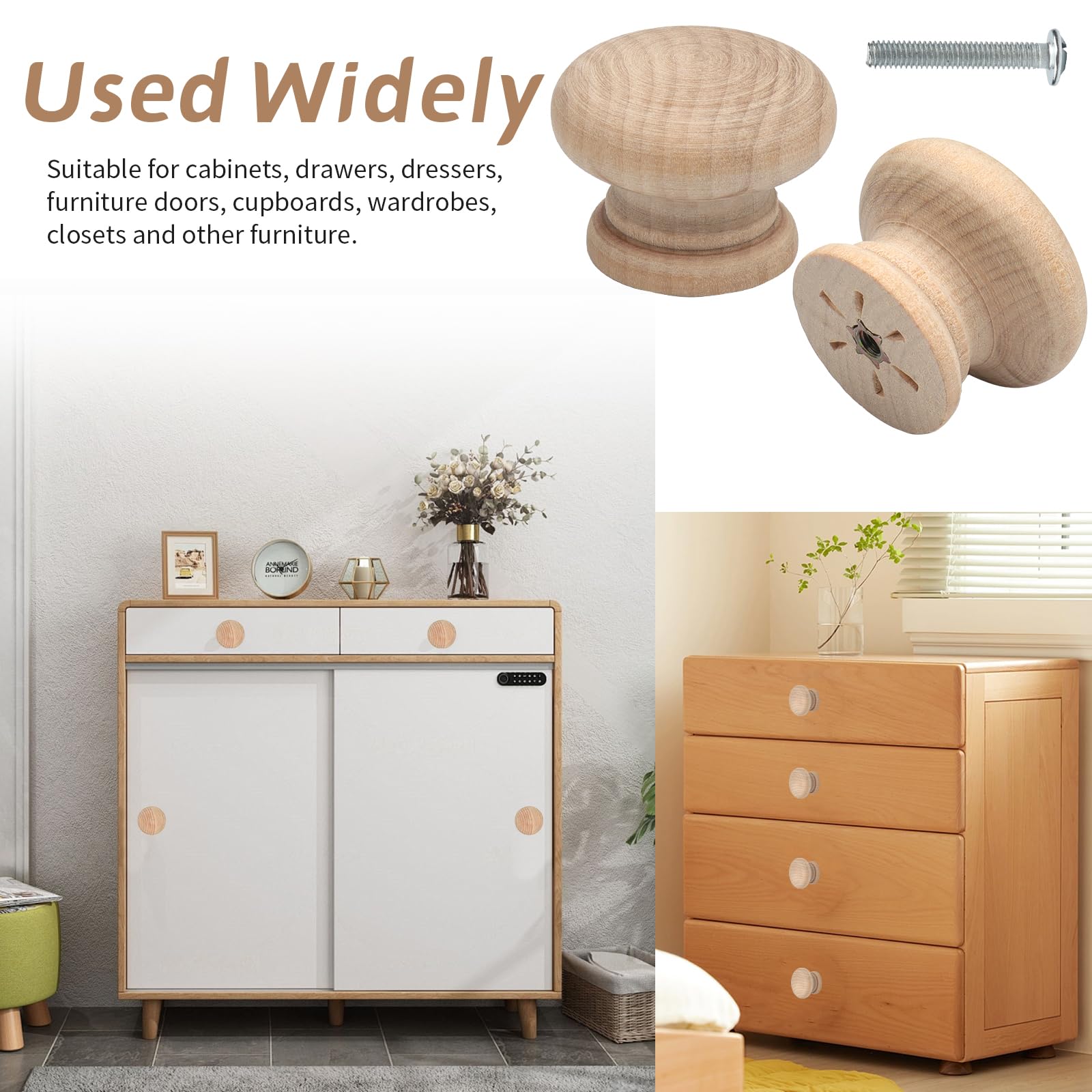 Roellgs20PCS Wooden Knob, 35MM Round Vintage Drawer Knob, Wooden Kitchen Cabinet Door Drawer Handle, Wardrobe Furniture Screw Door Handle (35mm) - Image 3