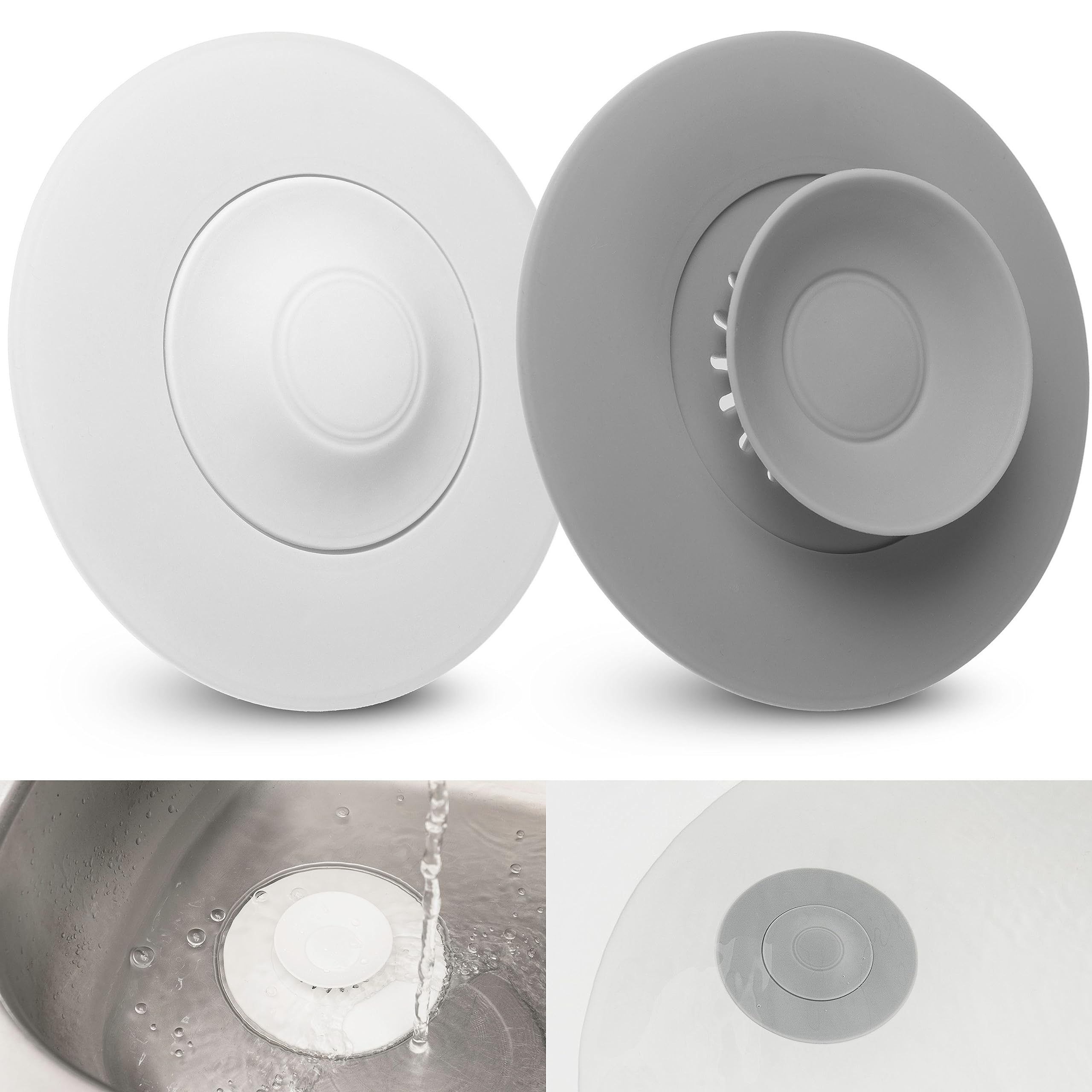 Your Day Mate V1, Grey + White, 2 Pcs Universal Drain Plug, 2 Pieces, Ø 11 Cm, Grey And White, Silicone, For Up To Ø 100 Mm Valve Drain, Food Waste And Hair Strainer Filter, Drain Strainer For Sink, Washbasin, Bathtub, Kitchen Stopper Set