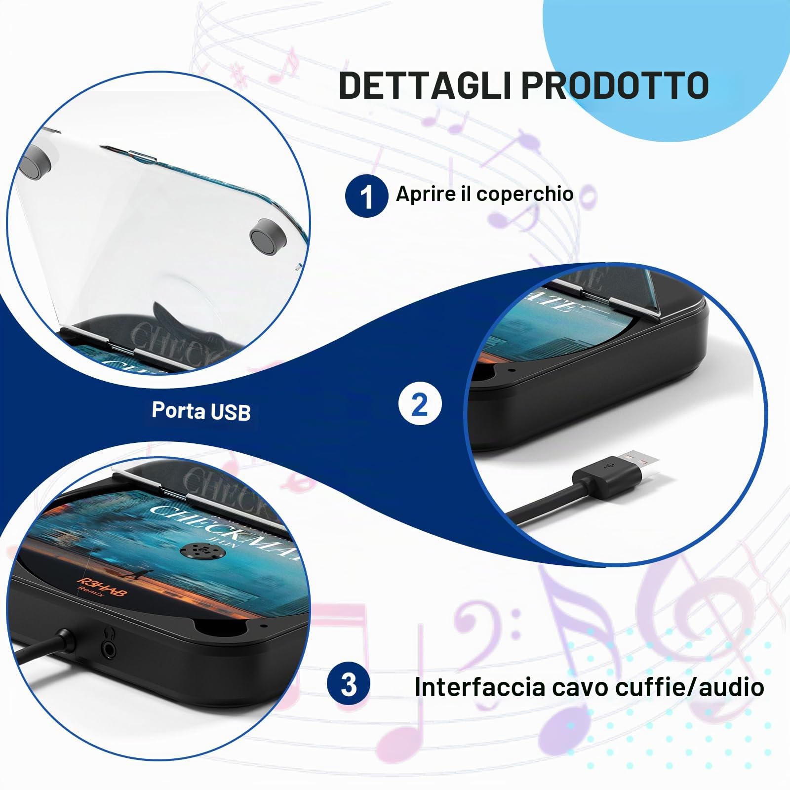 Lettore CD per auto con porta USB/AUX, lettore CD universale per auto, lettore CD esterno, compatibile con AutoRadio, lettore CD per veicoli, laptop, PC, TV, con cavo AUX, nero