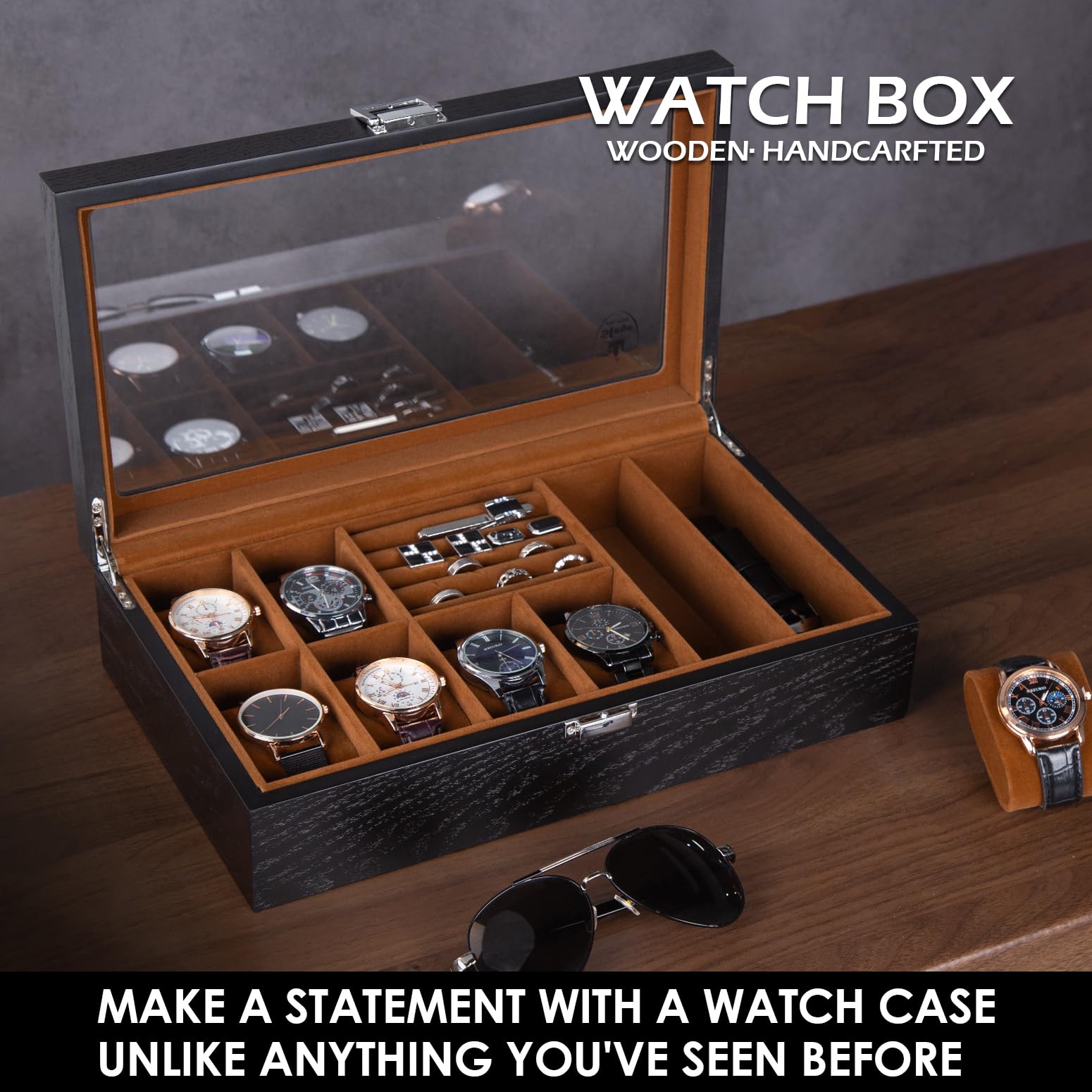 Slege Uhrenbox aus Holz,6 Fächer,Uhrenkasten Glasdeckel,Sonnenbrillenbox,Uhrenetui für Herren,Uhrenaufbewahrungsbox und Schmuckkästchen,Uhrenbox Organizer für Männer und Frauen,für Ringe,Ohrringe