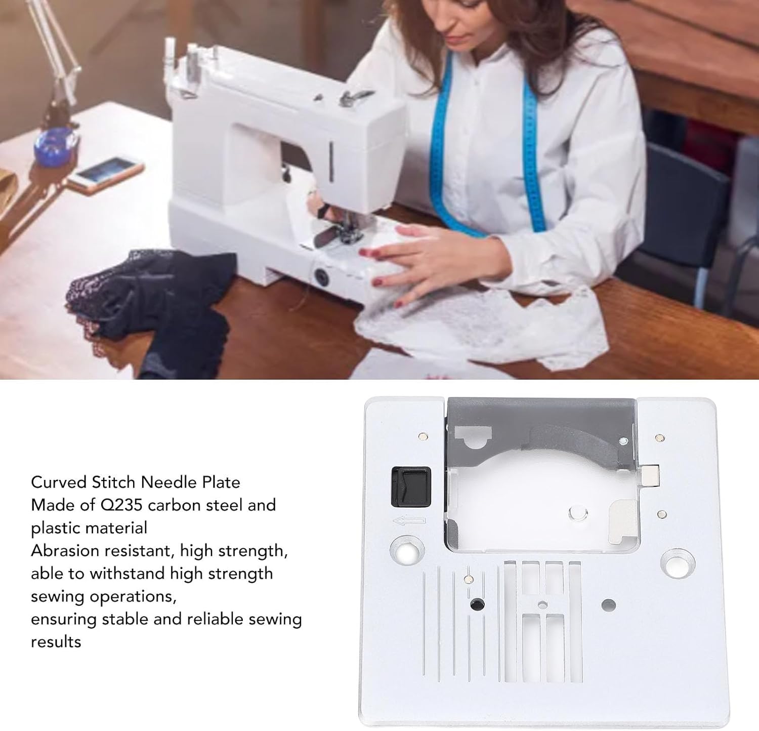 Close-up of a person sewing with the needle plate in view