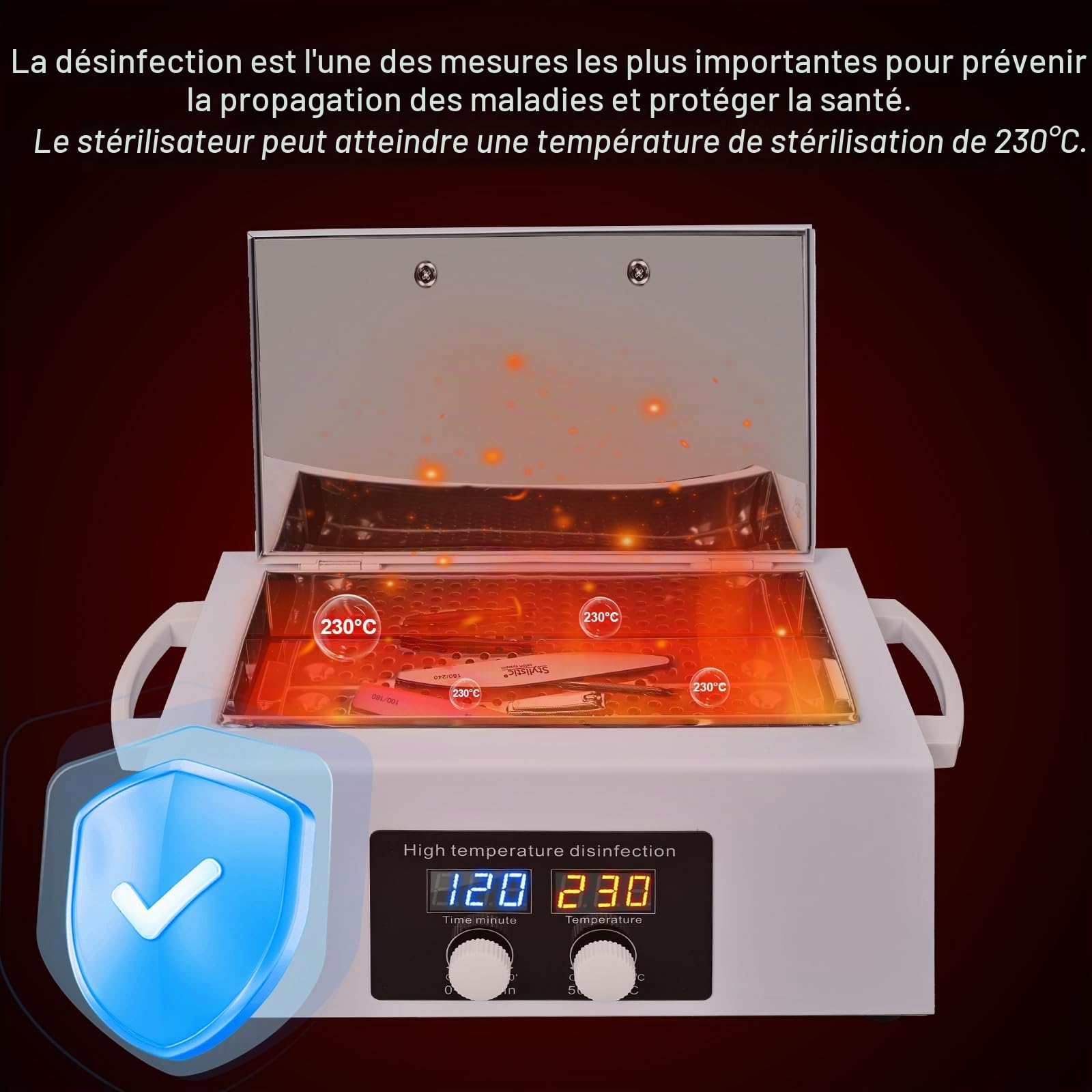 Nouveau stérilisateur pour instruments de beauté, stérilisateur à chaleur sèche 300 watts, stérilisateur 230°C pour instruments de manucure, avec affichage de la température et minuterie