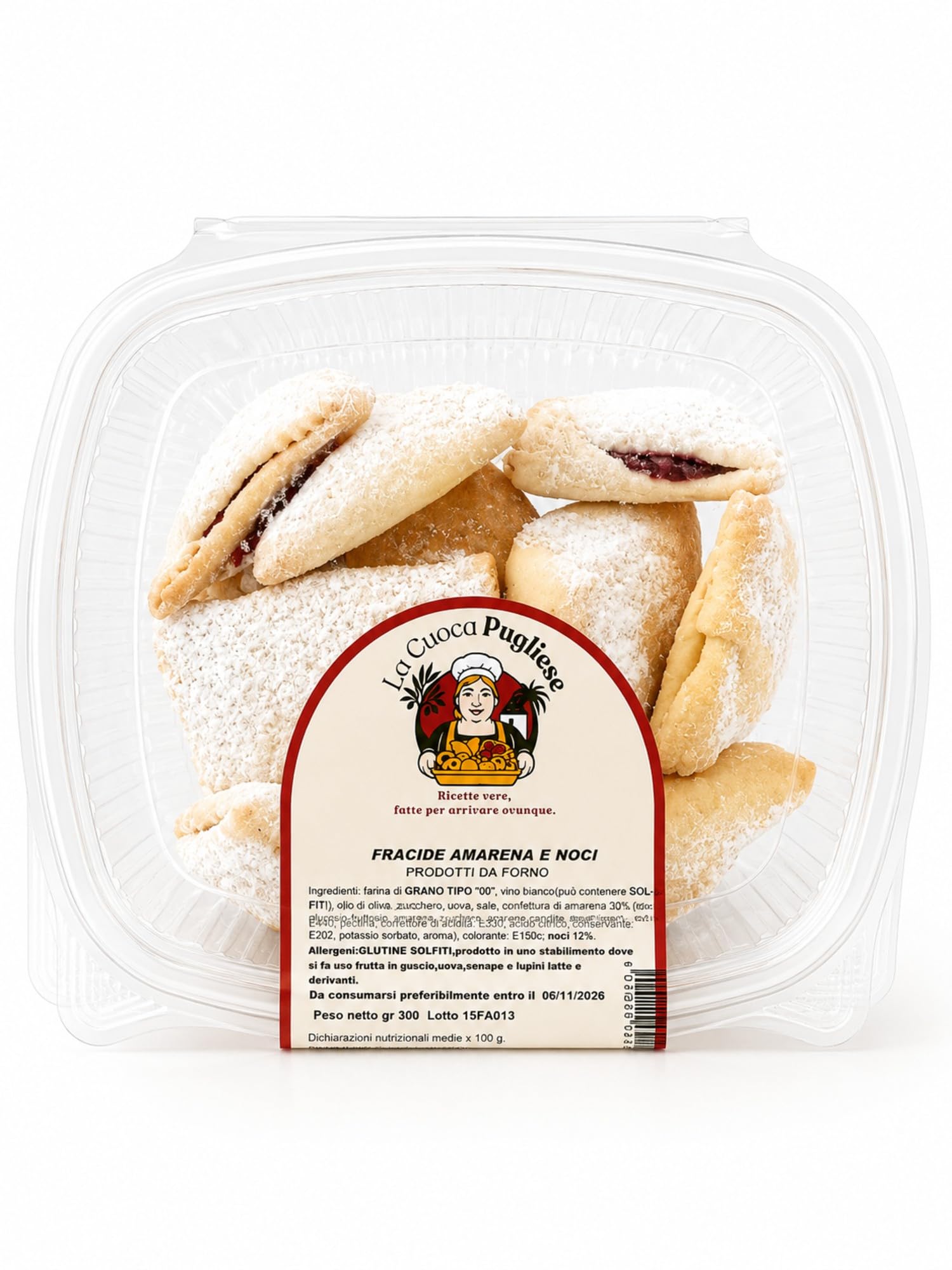 La Cuoca Pugliese - Galletas "Fracide" con Amarena y Nueces Crujientes, dulces artesanales de Apulia, con amarena y nueces, 10 x 300 g, especialidad de Apulia