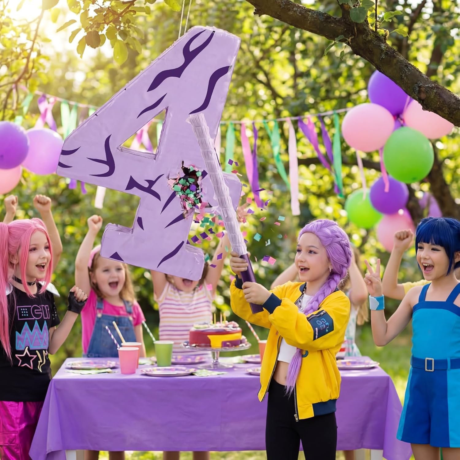 Sosation 16inch Number 4 Pinata with Kpop Theme Tattoo Design Purple Pinata with Stick Blindfold Confetti for Kpop Theme Party Birthday Anniversary Party Decorations Supplies