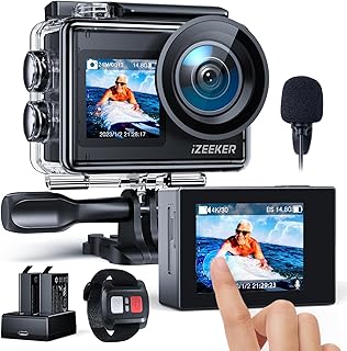 iZEEKER iA200 Action Camera 4K 30FPS 24MP Dual Screen 40M Waterproof Underwater Camera WiFi EIS Helmet Camera with 2x1350mAh Batteries, External Microphone, 2.4G Remote Control and Accessories Kit