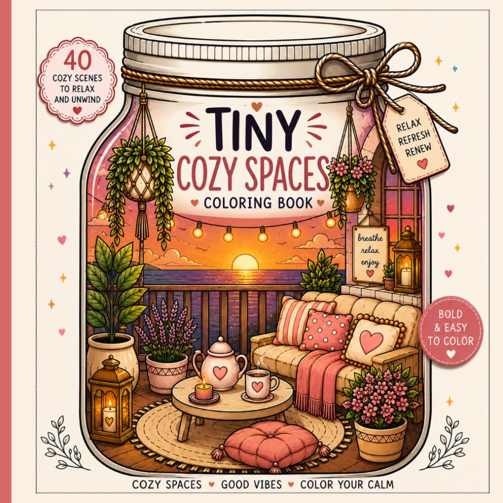Tiny Cozy Spaces Coloring Book: 40 Cute & Relaxing Cozy Jar Scenes Bold & Easy Coloring for Stress Relief and Mindful Coloring,Cozy Rooms,