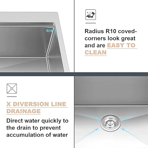Miniatura 5 de Herogo Fregadero de cocina con estación de trabajo de 33 x 22 pulgadas, 10 pulgadas de profundidad, acero inoxidable 1810, montaje en la parte
