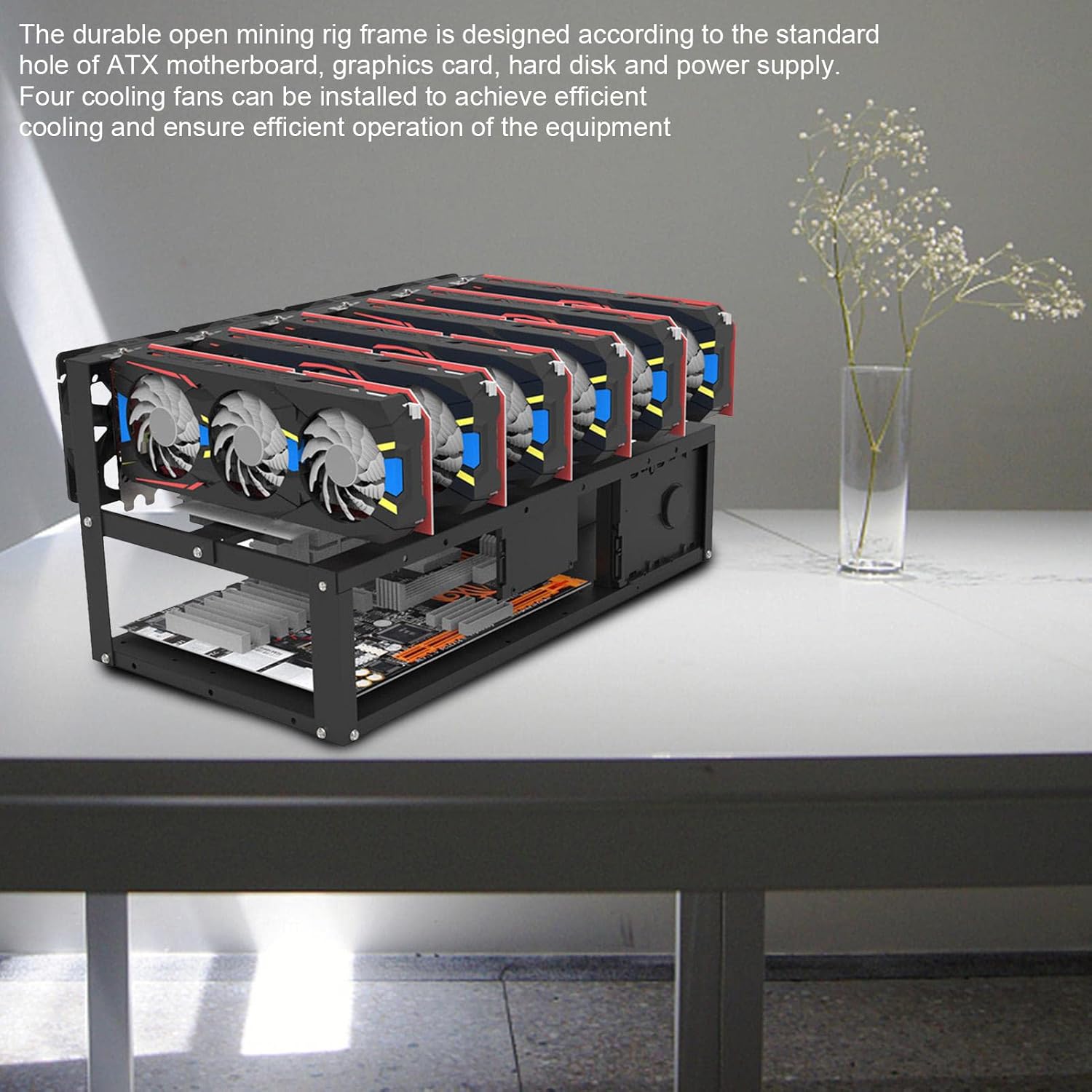 Mining Rig Frame, Steel Open Air Miner Mining Frame Rig Case Up to 6 GPU for Crypto Currency Bitcoin Mining Accessories Tools, Frame Only, Fans and GPU is not Included