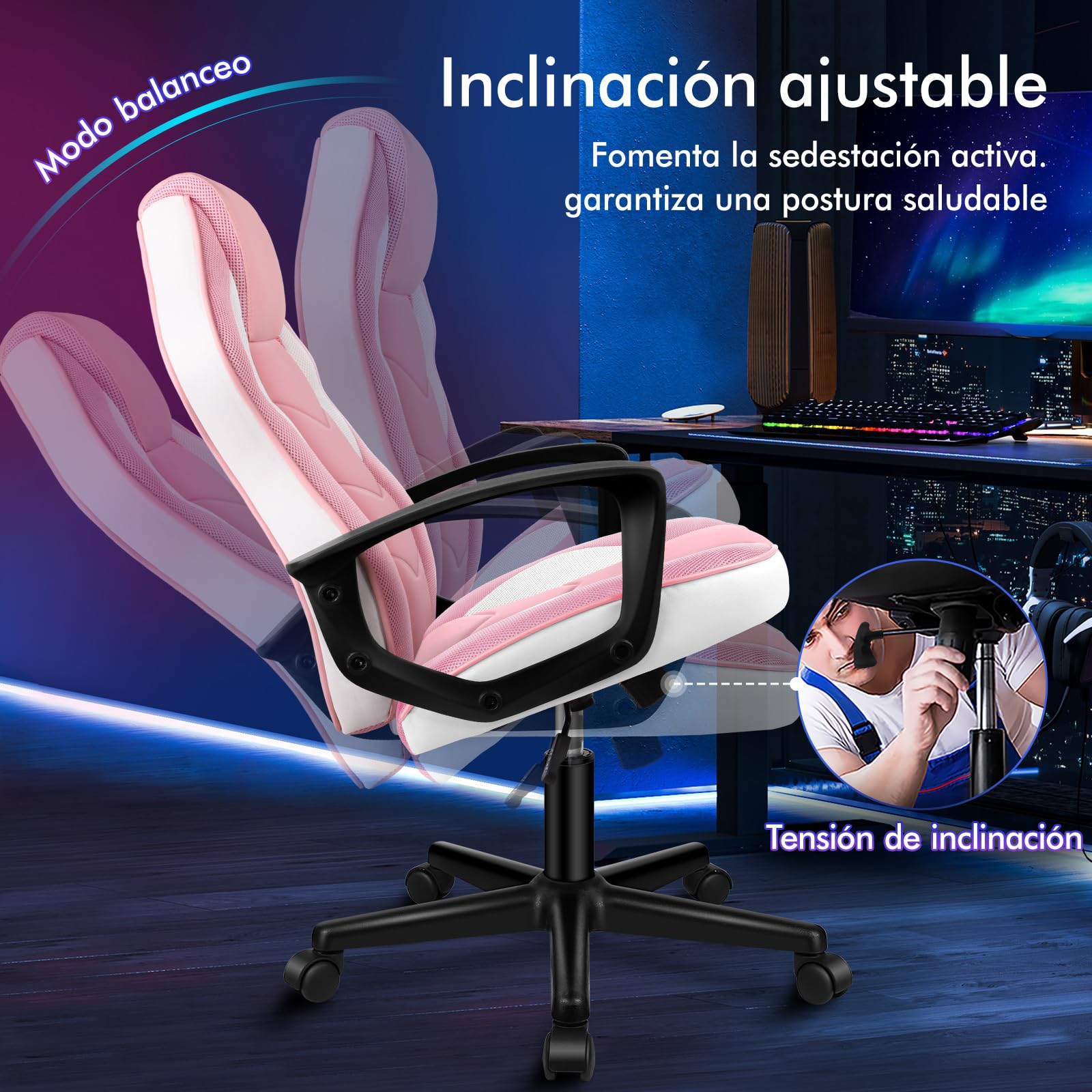 ALFORDSON Silla Gaming de Oficina Regulable con Ruedas, Racing Silla Escritorio Ergonómica de Piel Sintética y Malla, Asiento basculante y Altura Regulable, Soporta 150 kg(Rosa)