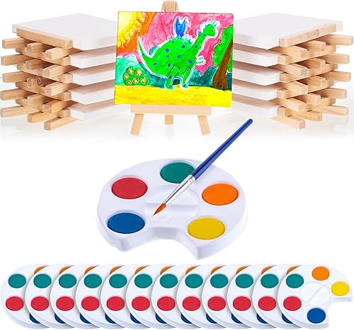 Glenmal Juego de pintura de acuarela de 3 x 4 pulgadas, lienzo pequeño con pinturas de caballete, juego de pinceles para niños, recuerdos de fiesta