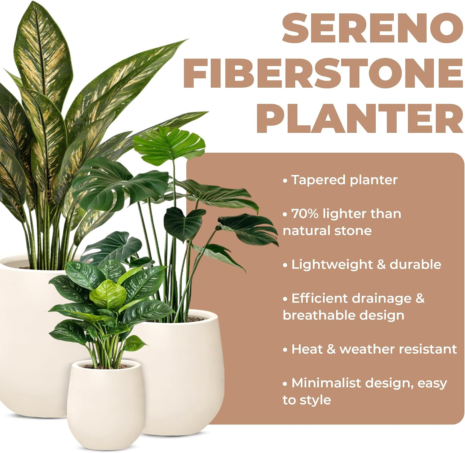 Sereno Fiberstone Tapered Planter (14.6" Pot Opening x 19.7"D x 21.7"H) Smooth Finishes, Modern Planter for Indoor Outdoor Use, Lightweight & Crack-Resistant, Minimal Decor (L, Cream White)