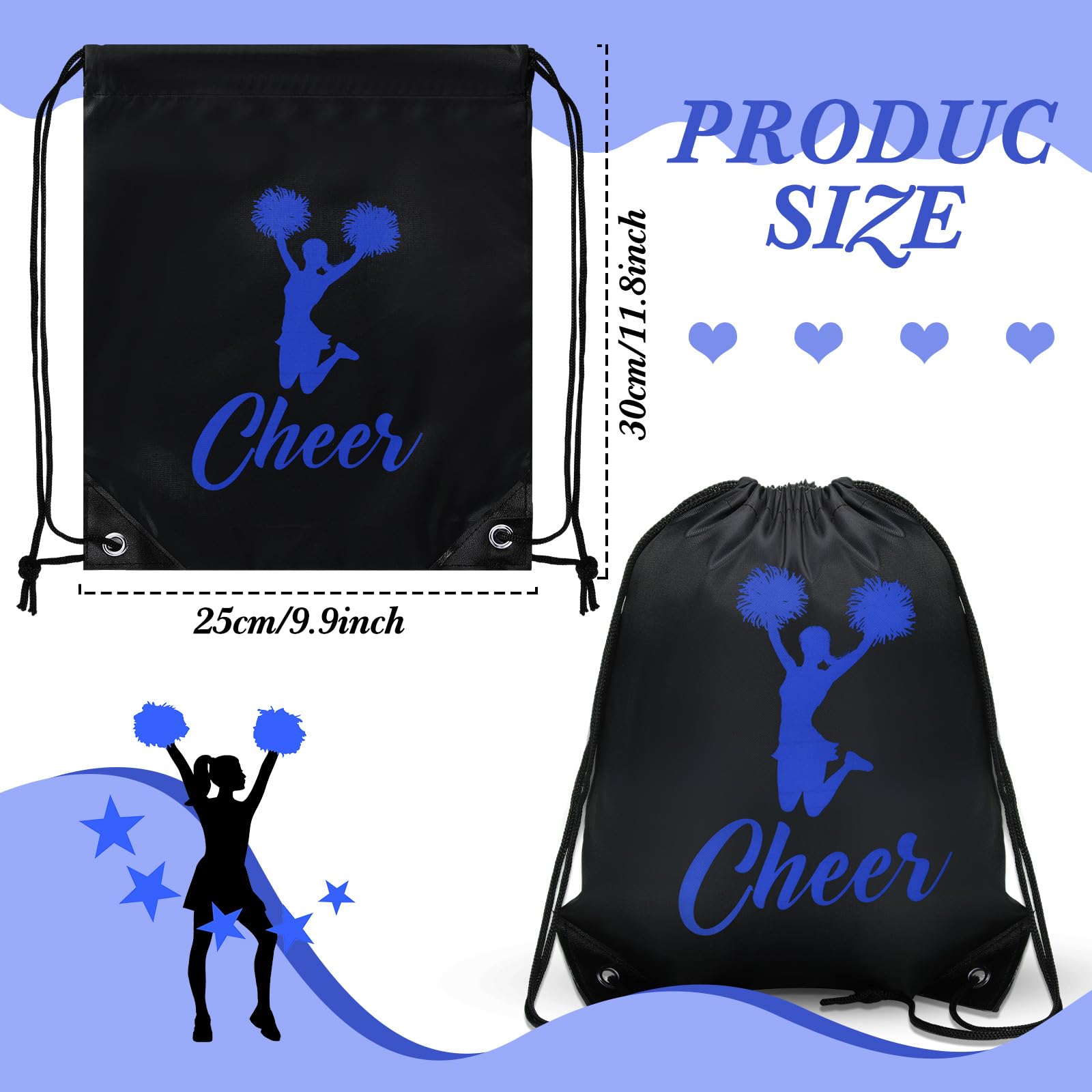 Cheerleader Turnbeutel Mit Kordelzug – 12 Stück Set, Schwarz-orange, 34x40 Cm