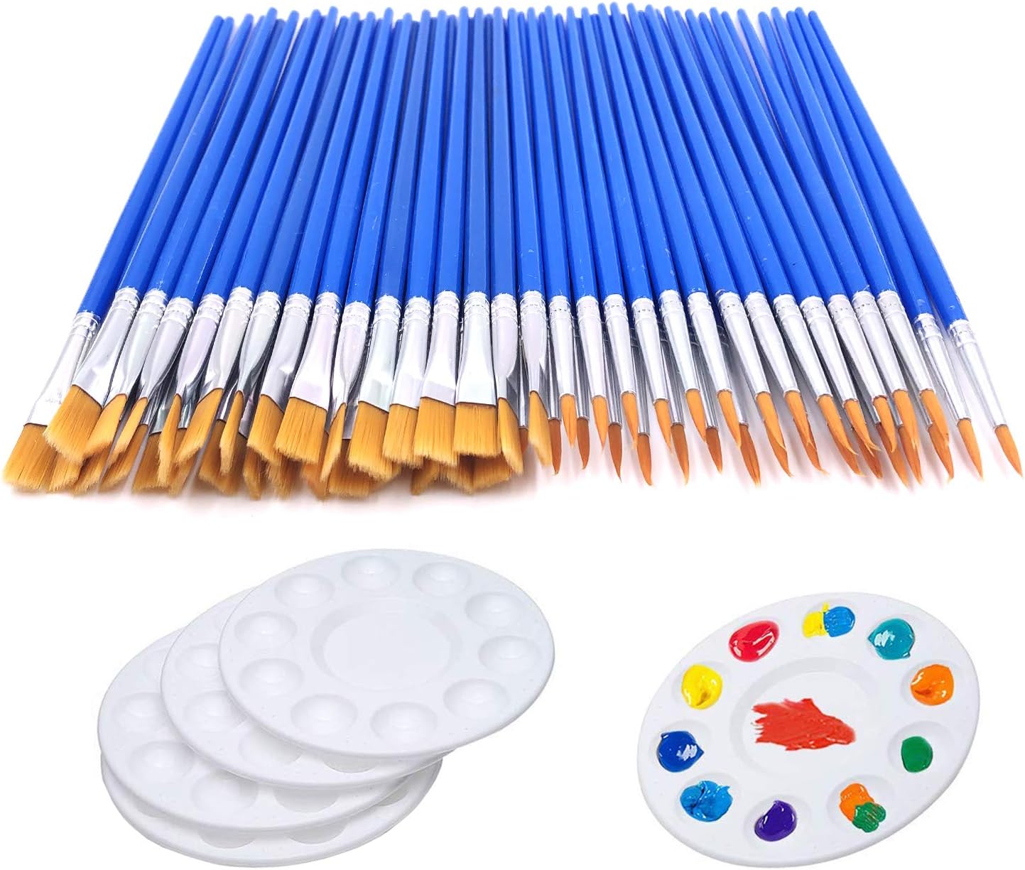 65 Pcs Flat Paint Brushes Set,Small Paint Brush Bulk 60pcs Acrylic Paint brush + 5 PCS Round Paint Pallet Trays for Kids,Nylon Hair Oil Watercolor Artist Painting for Kid Paint Party Classroom