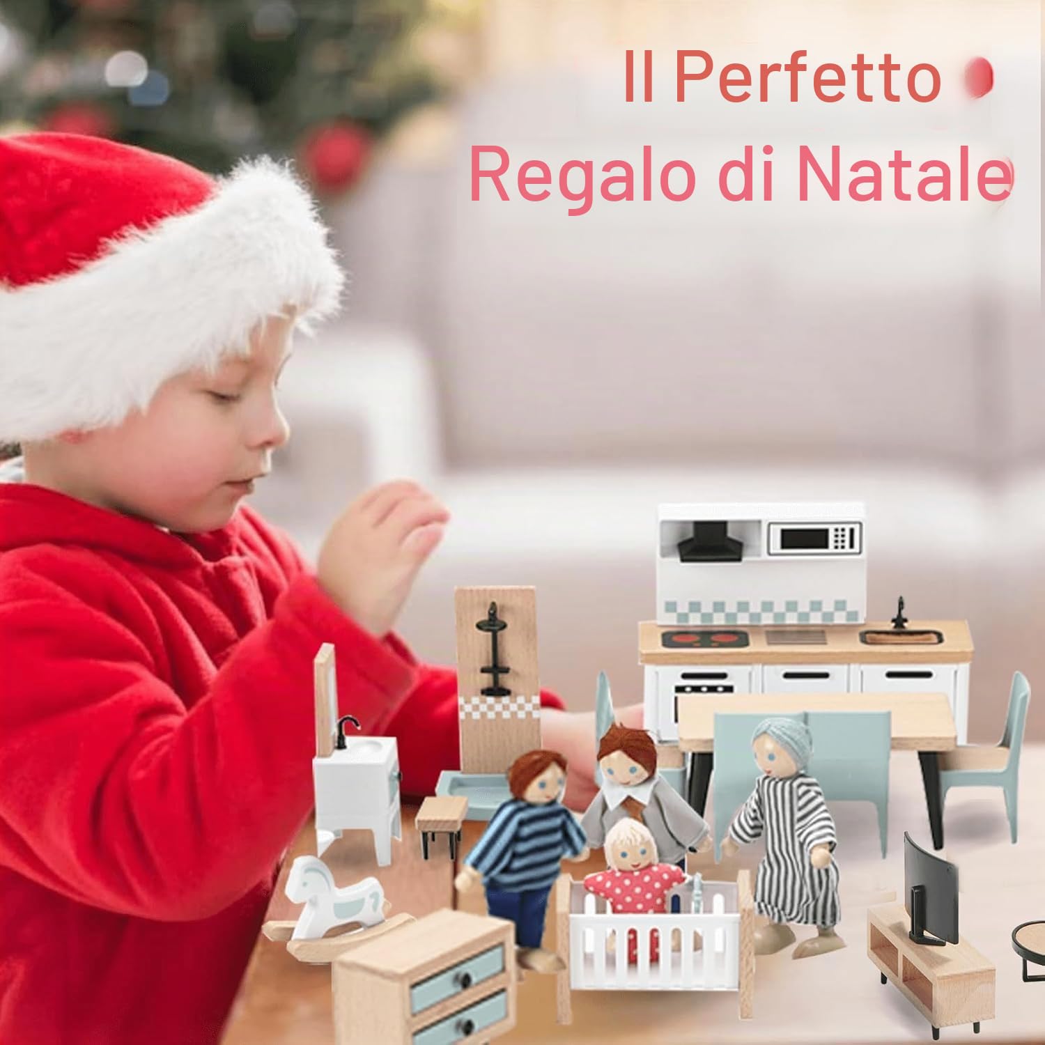 Giant bean Set di Mobili Casa Bambole Legno, 36 Mobili Casa Bambole con 4 Bambole di Famiglia, Accessori Casa Delle Bambole, Giocattoli Per Bambini dai 3 Anni In Su