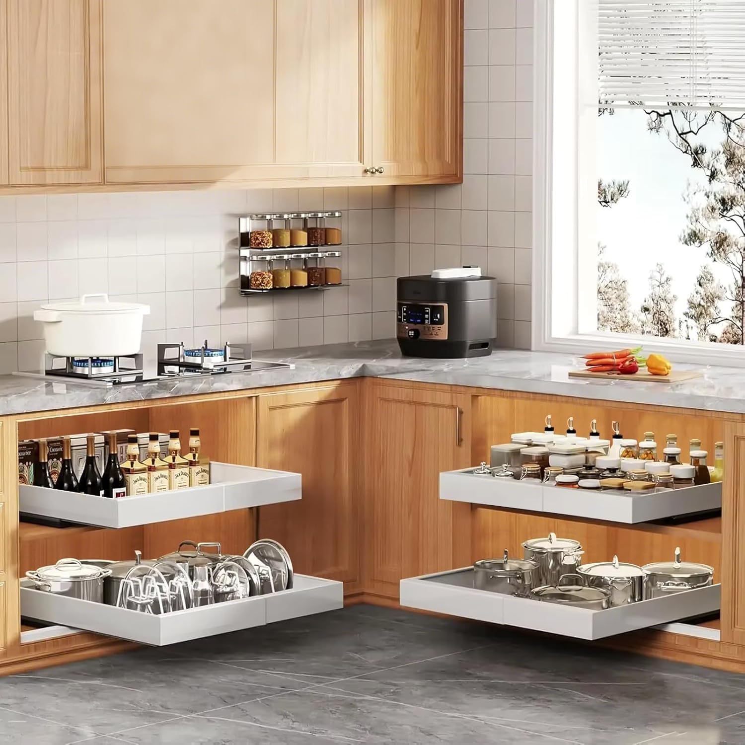 2 cassetti telescopici con sistema a binario, cassetto estraibile da cucina senza foratura, cassetto estraibile per mobili da cucina, organizer per cassetti (2 pezzi bianchi, 32x52cm)